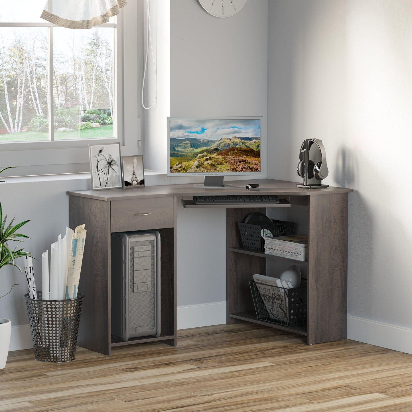 HOMCOM L-Shaped Corner Computer Desk w/ 2 Shelves Wide Worktop Keyboard Tray Drawer & CPU Stand Home Office Study Bedroom Furniture Grey