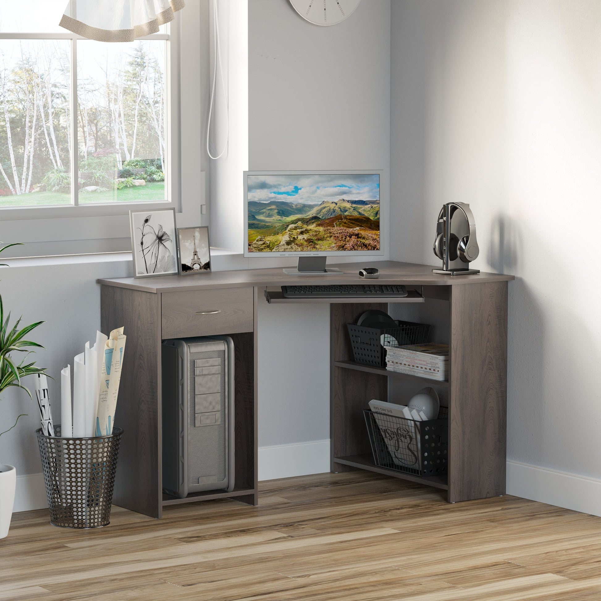 HOMCOM L-Shaped Corner Computer Desk w/ 2 Shelves Wide Worktop Keyboard Tray Drawer & CPU Stand Home Office Study Bedroom Furniture Grey
