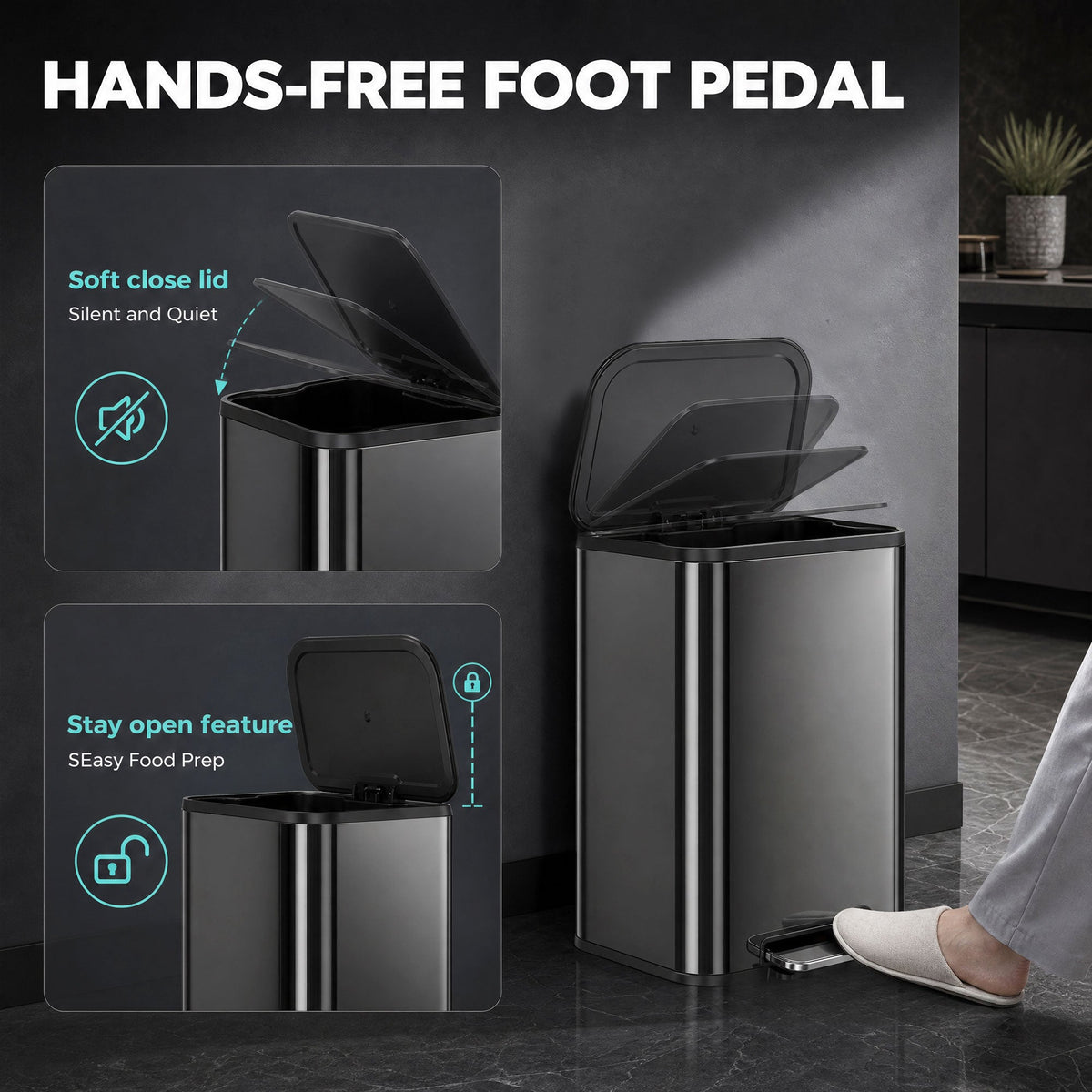 50L Kitchen Bin, Metal Rectangular Pedal Rubbish Bin with Soft Close and Stay-Open Lid, Removable Inner Bucket for Kitchen, Home, Office, Recycling, High Gloss Black