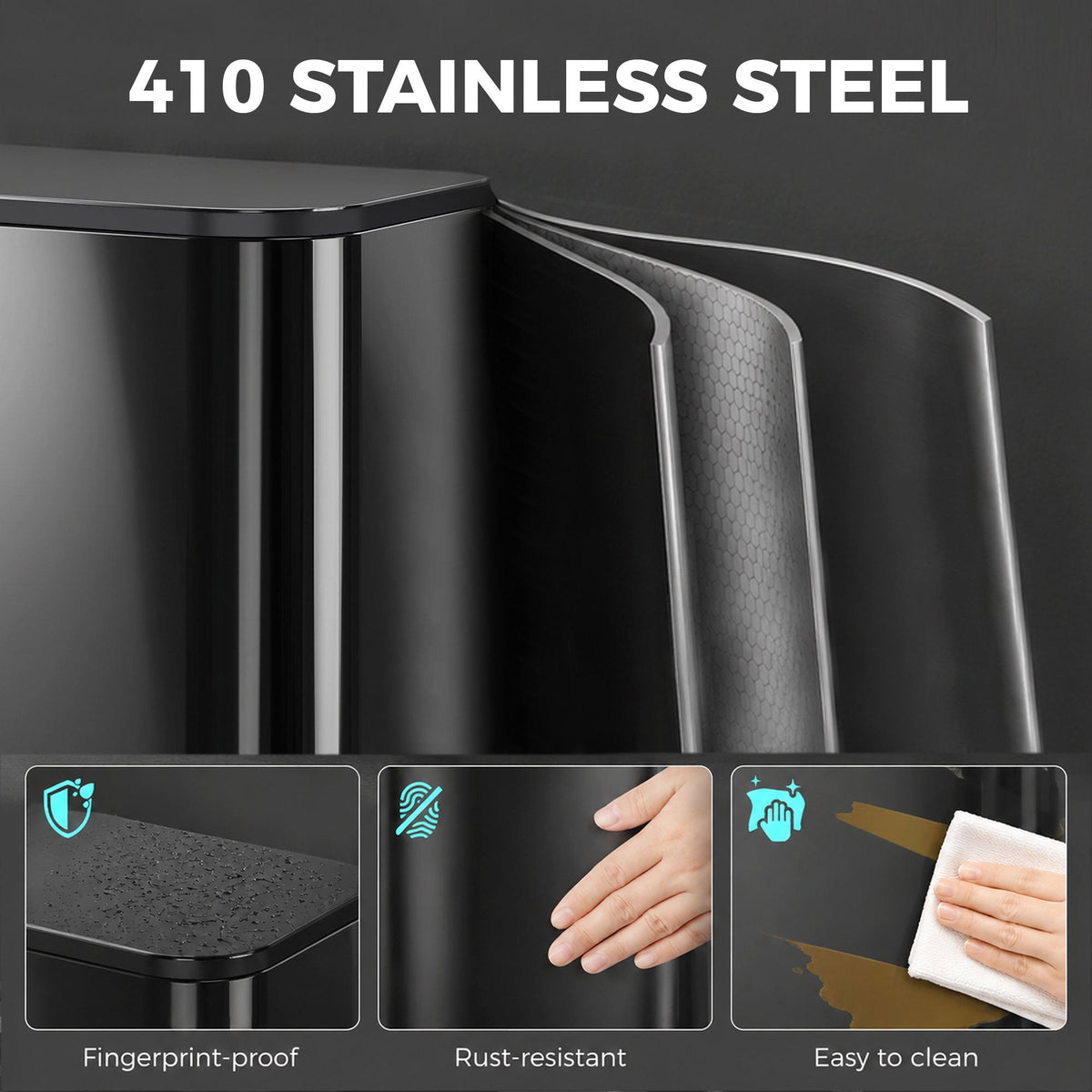 50L Kitchen Bin, Metal Rectangular Pedal Rubbish Bin with Soft Close and Stay-Open Lid, Removable Inner Bucket for Kitchen, Home, Office, Recycling, High Gloss Black