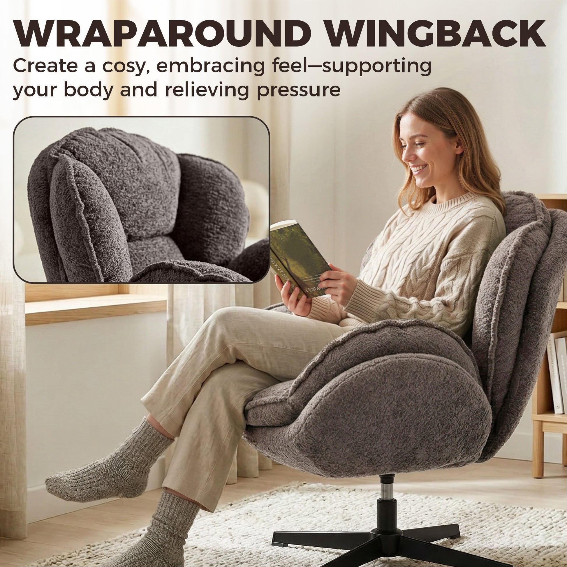 Modern Wingback Accent Chair, Velvet Armchair with 360° Swivel, Four-Star Base, S-Springs, Bedroom Chair for Living Room, Bedroom, Study, Grey
