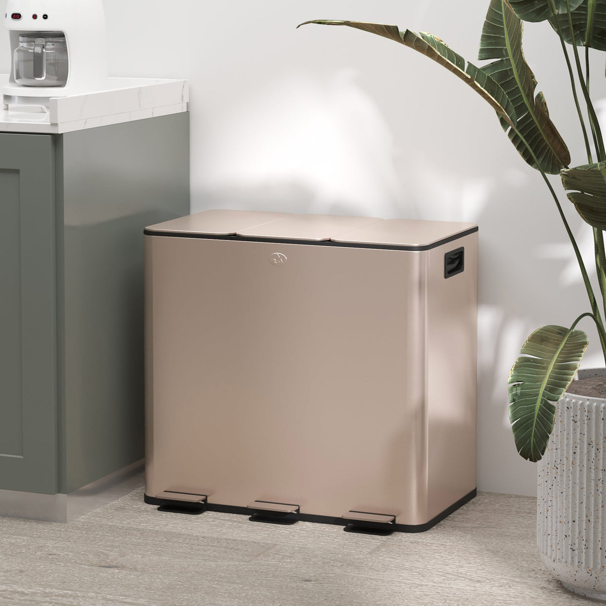 HOMCOM 45L Kitchen Bin, Stainless Steel Pedal Bin with 3 Compartments, Soft Close Lid, Removable Inner Buckets, Fingerprint-Proof for Recycling and Waste, 3 x 15L, Gold Tone
