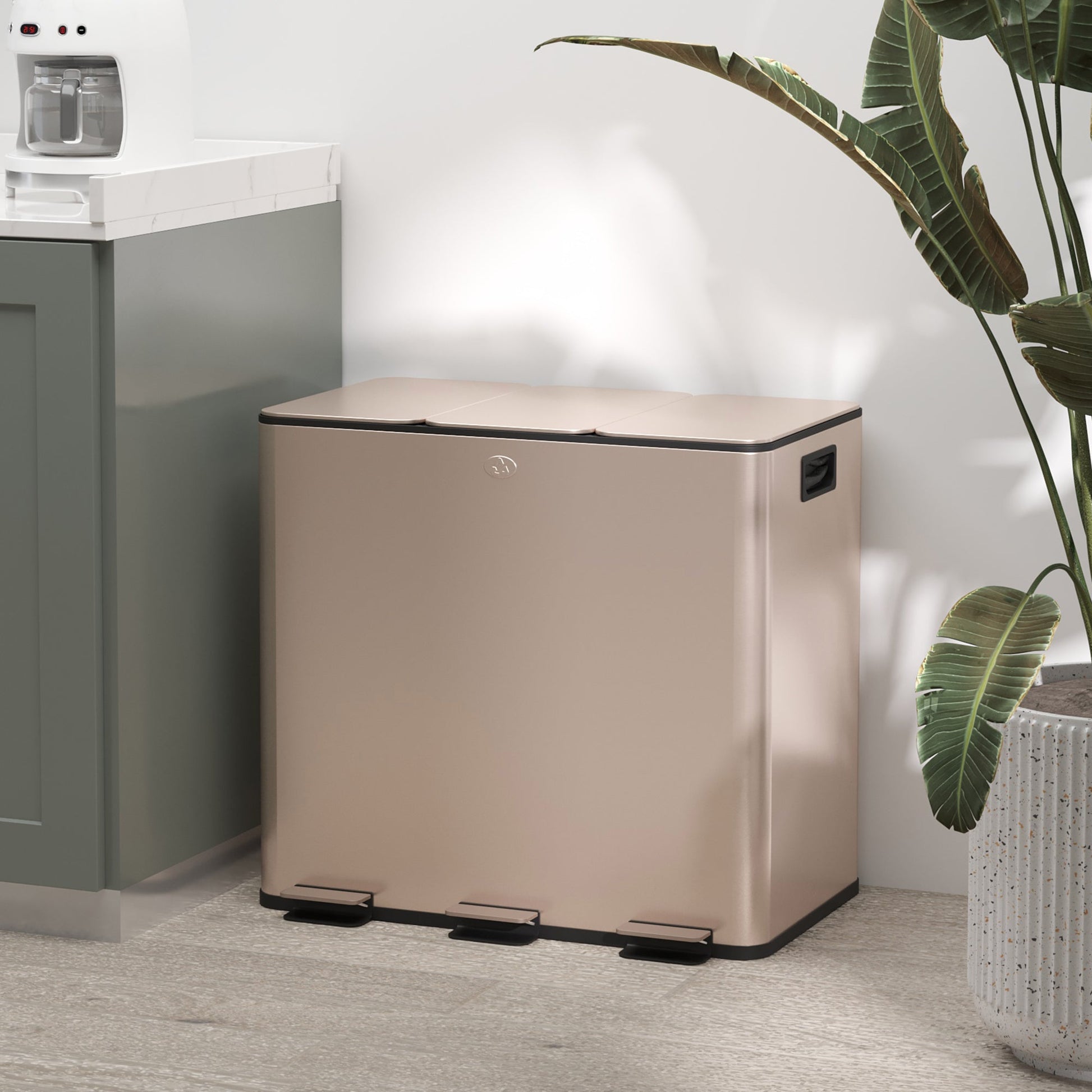 HOMCOM 45L Kitchen Bin, Stainless Steel Pedal Bin with 3 Compartments, Soft Close Lid, Removable Inner Buckets, Fingerprint-Proof for Recycling and Waste, 3 x 15L, Gold Tone