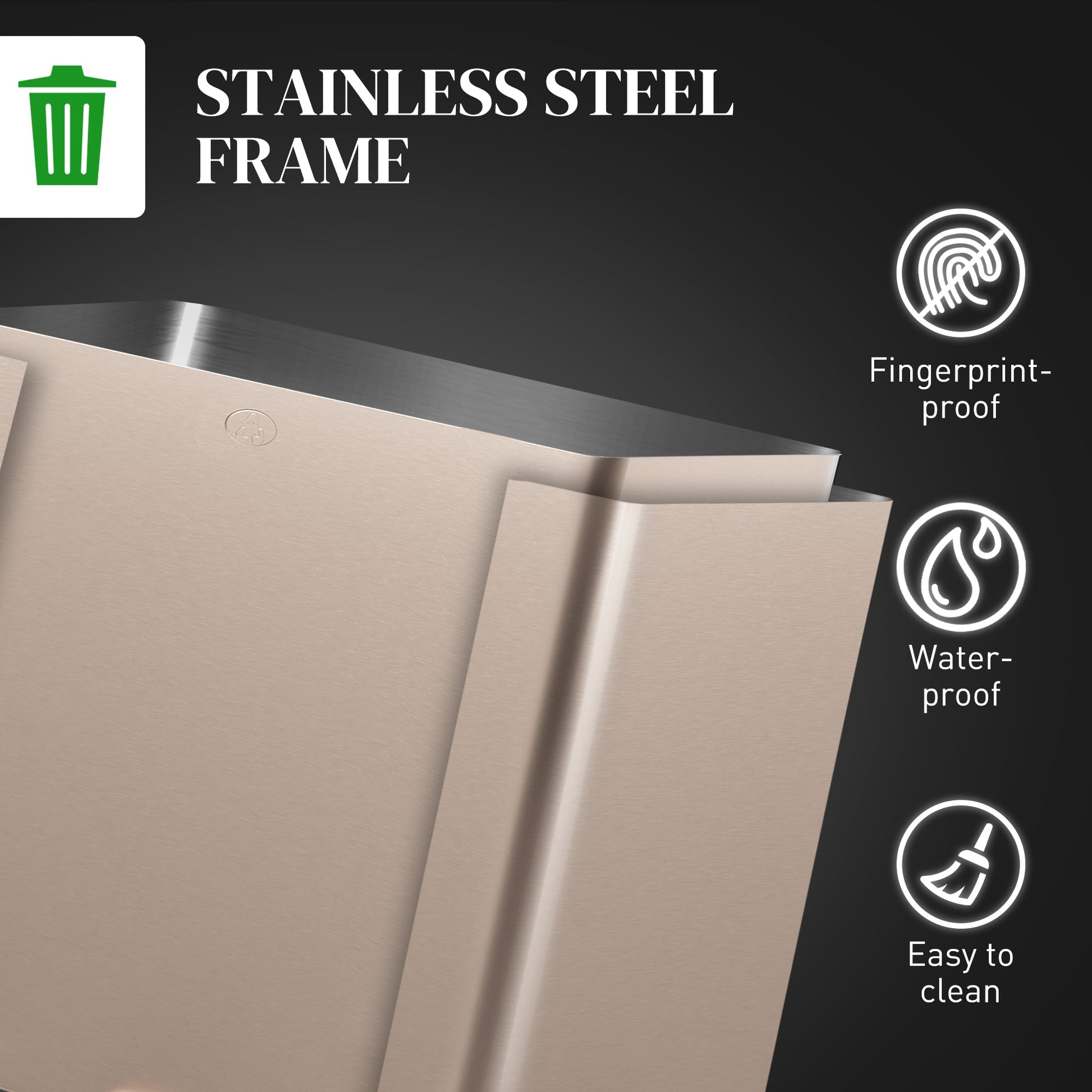 HOMCOM 45L Kitchen Bin, Stainless Steel Pedal Bin with 3 Compartments, Soft Close Lid, Removable Inner Buckets, Fingerprint-Proof for Recycling and Waste, 3 x 15L, Gold Tone