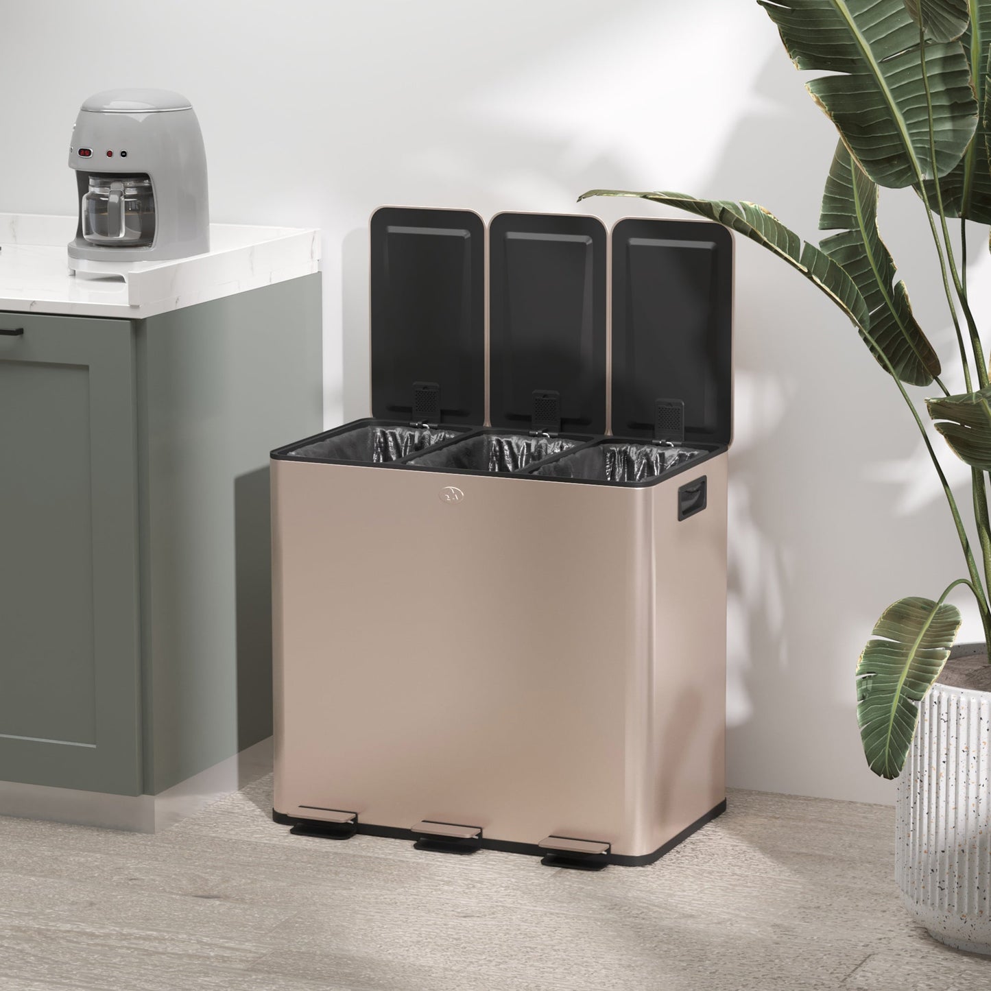HOMCOM 45L Kitchen Bin, Stainless Steel Pedal Bin with 3 Compartments, Soft Close Lid, Removable Inner Buckets, Fingerprint-Proof for Recycling and Waste, 3 x 15L, Gold Tone