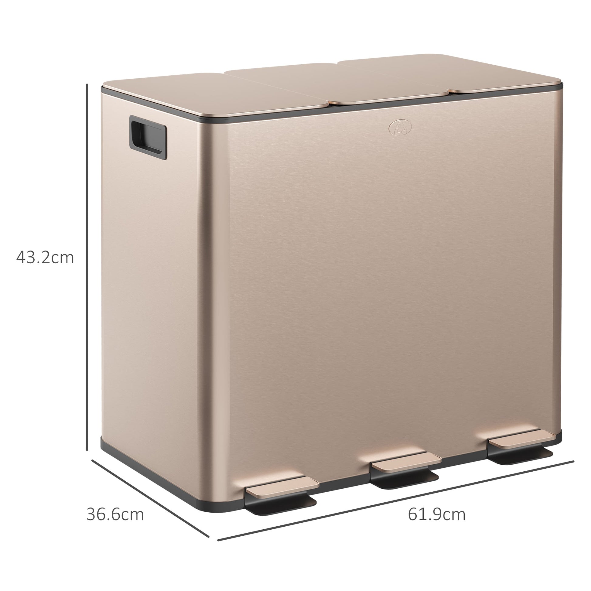 HOMCOM 45L Kitchen Bin, Stainless Steel Pedal Bin with 3 Compartments, Soft Close Lid, Removable Inner Buckets, Fingerprint-Proof for Recycling and Waste, 3 x 15L, Gold Tone