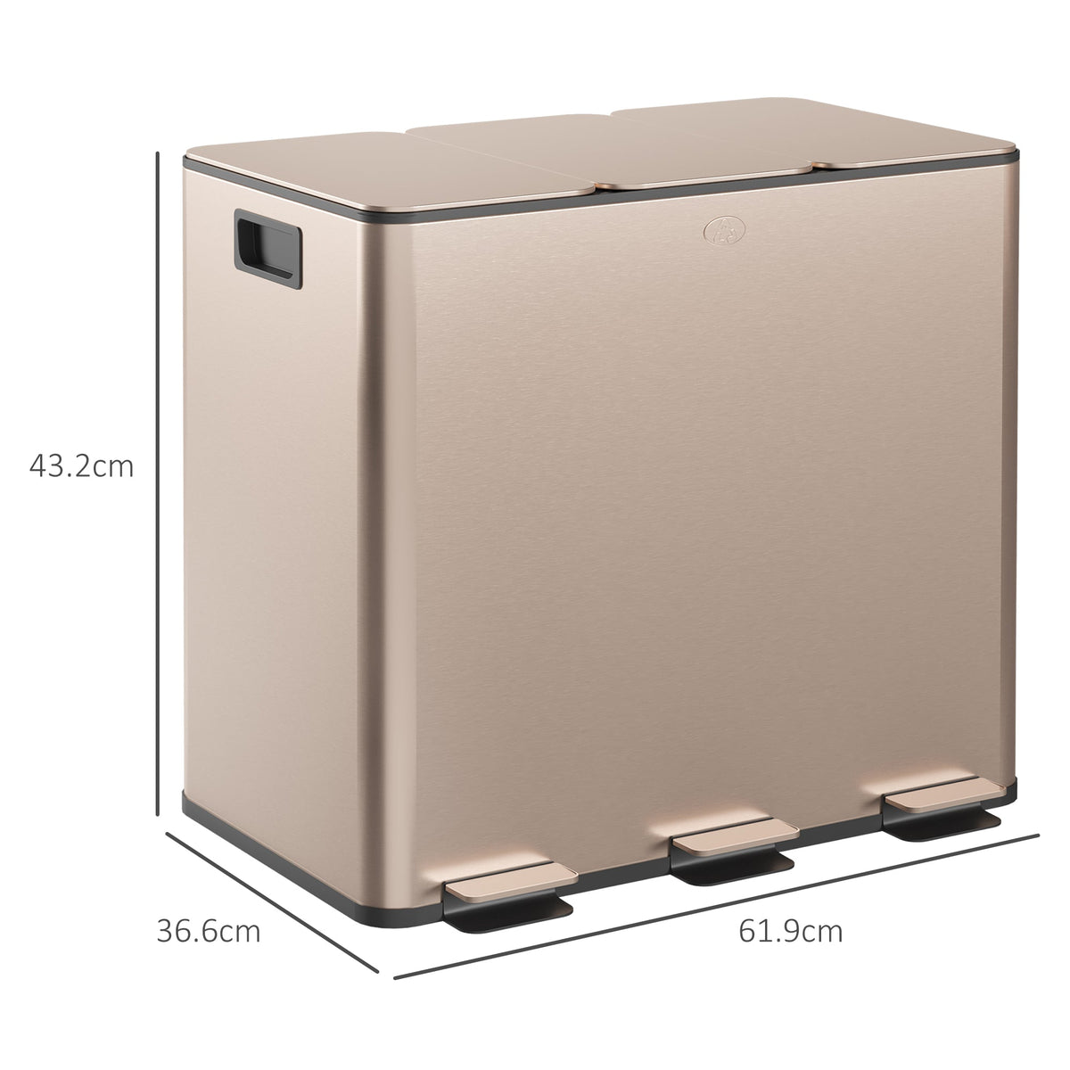 HOMCOM 45L Kitchen Bin, Stainless Steel Pedal Bin with 3 Compartments, Soft Close Lid, Removable Inner Buckets, Fingerprint-Proof for Recycling and Waste, 3 x 15L, Gold Tone