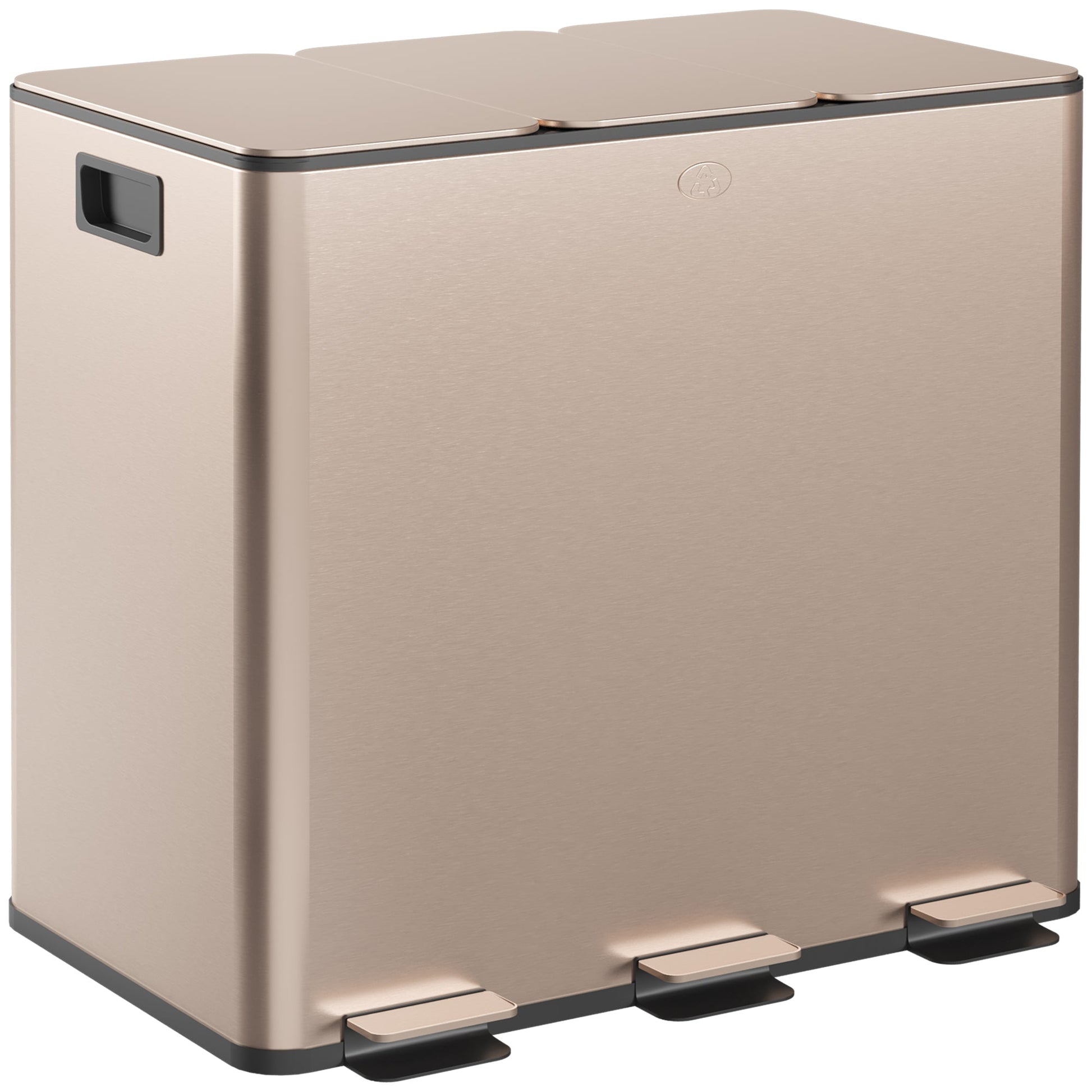 HOMCOM 45L Kitchen Bin, Stainless Steel Pedal Bin with 3 Compartments, Soft Close Lid, Removable Inner Buckets, Fingerprint-Proof for Recycling and Waste, 3 x 15L, Gold Tone