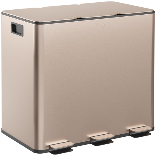 HOMCOM 45L Kitchen Bin, Stainless Steel Pedal Bin with 3 Compartments, Soft Close Lid, Removable Inner Buckets, Fingerprint-Proof for Recycling and Waste, 3 x 15L, Gold Tone