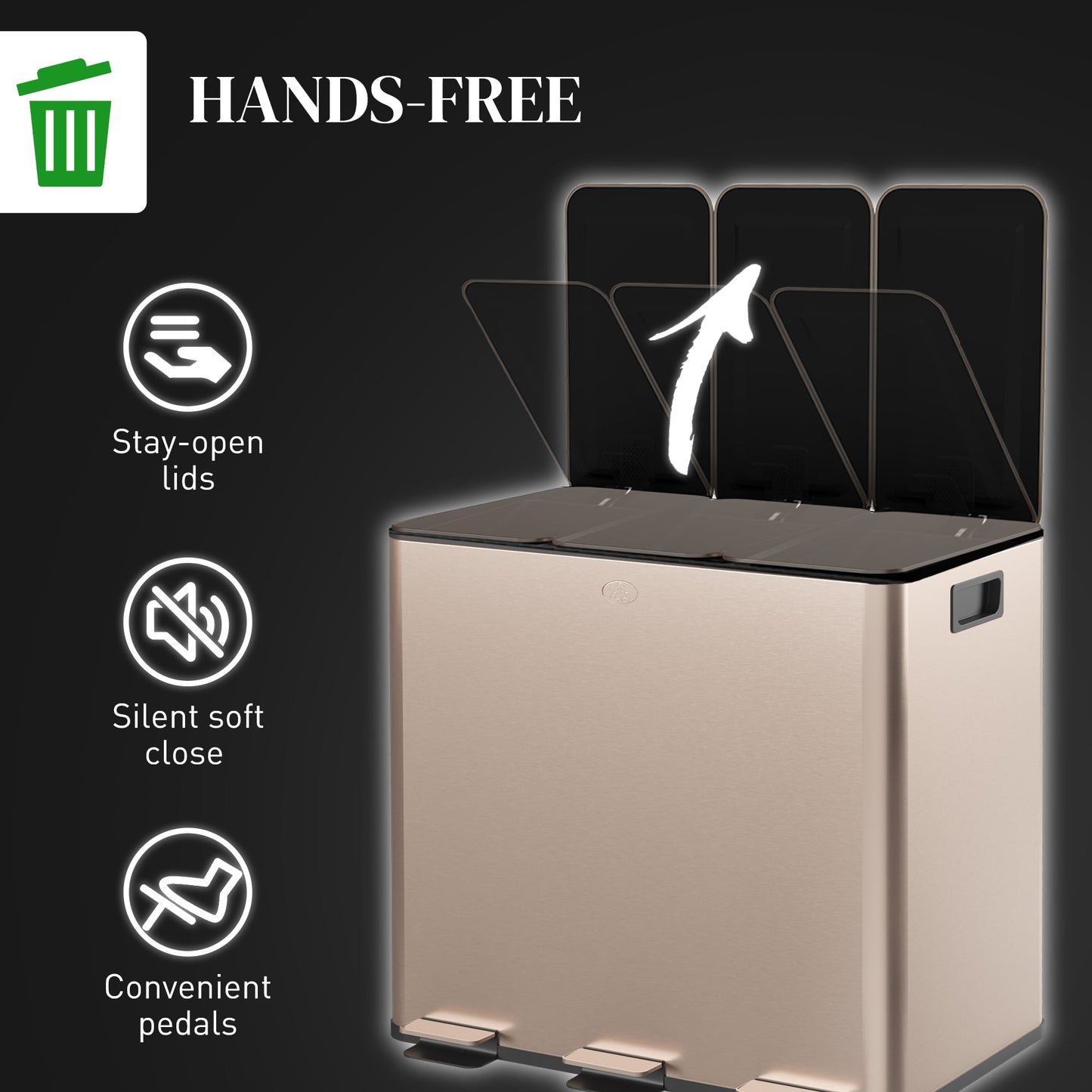 HOMCOM 45L Kitchen Bin, Stainless Steel Pedal Bin with 3 Compartments, Soft Close Lid, Removable Inner Buckets, Fingerprint-Proof for Recycling and Waste, 3 x 15L, Gold Tone