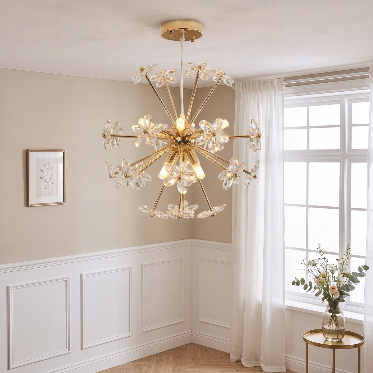 Crystal Chandeliers Ceiling Light with Flower, Modern Pendant Light with Adjustable Height, Ceiling Plate, Crystal Glass for Study, Dining Room, Clear, Bulb Not Included