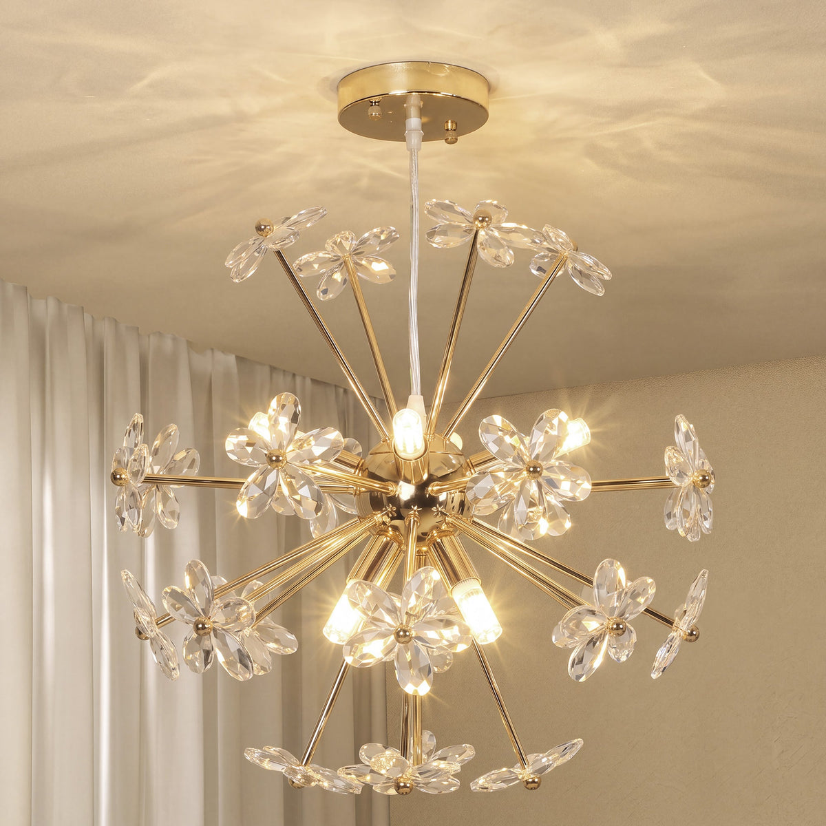 Crystal Chandeliers Ceiling Light with Flower, Modern Pendant Light with Adjustable Height, Ceiling Plate, Crystal Glass for Study, Dining Room, Clear, Bulb Not Included