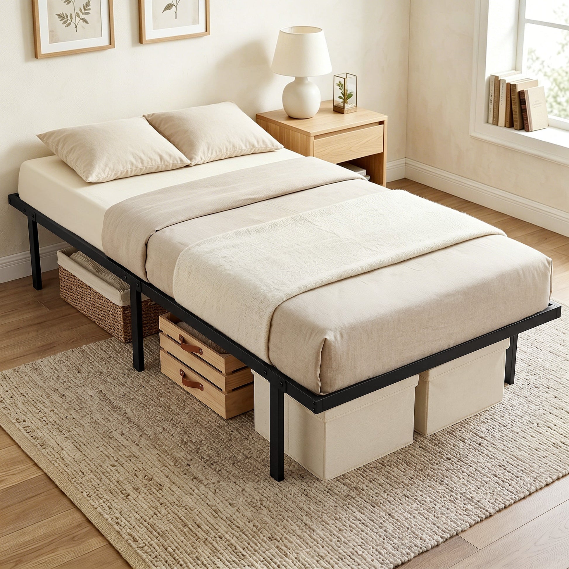 3ft Single Bed Frame with Underbed Storage, 35.5 cm Height, Metal Platform Bed Frame with Steel Slat Support, Noise-Free, No Box Spring Needed, Easy Assembly, Black