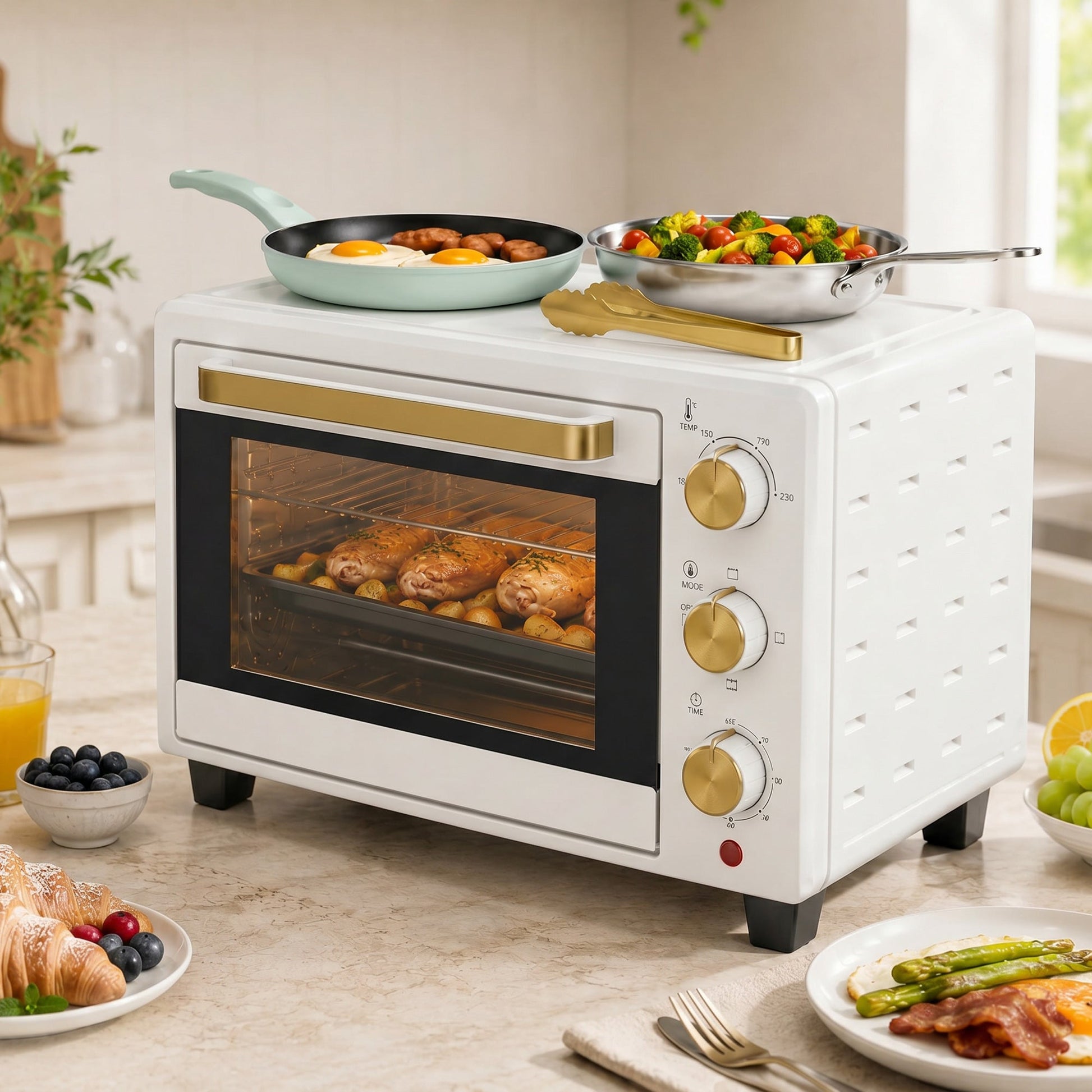 Mini Oven, 21L Countertop Electric Grill, Toaster Oven with Adjustable Temperature, Timer, Baking Tray and Wire Rack, 1400W, White