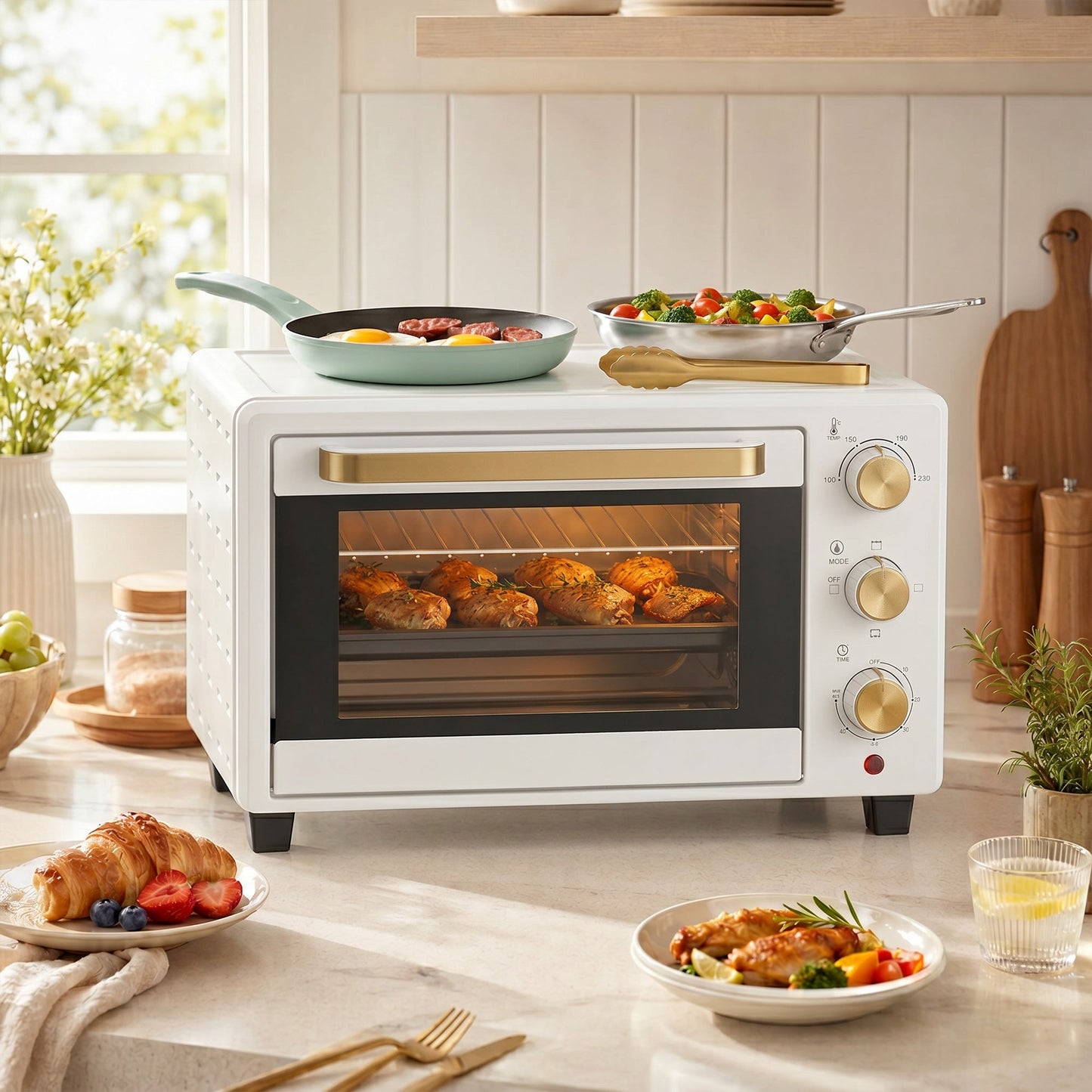 Mini Oven, 21L Countertop Electric Grill, Toaster Oven with Adjustable Temperature, Timer, Baking Tray and Wire Rack, 1400W, White