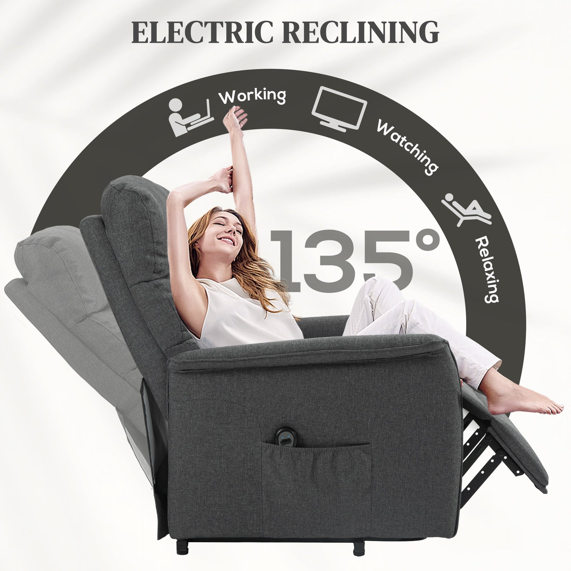 HOMCOM Power Lift Recliner Armchair, Electric Lift Chair for Elderly, Fabric Riser and Reclining Chair with Remote Control, Side Pockets, Extended Footrest, for Living Room, Dark Grey
