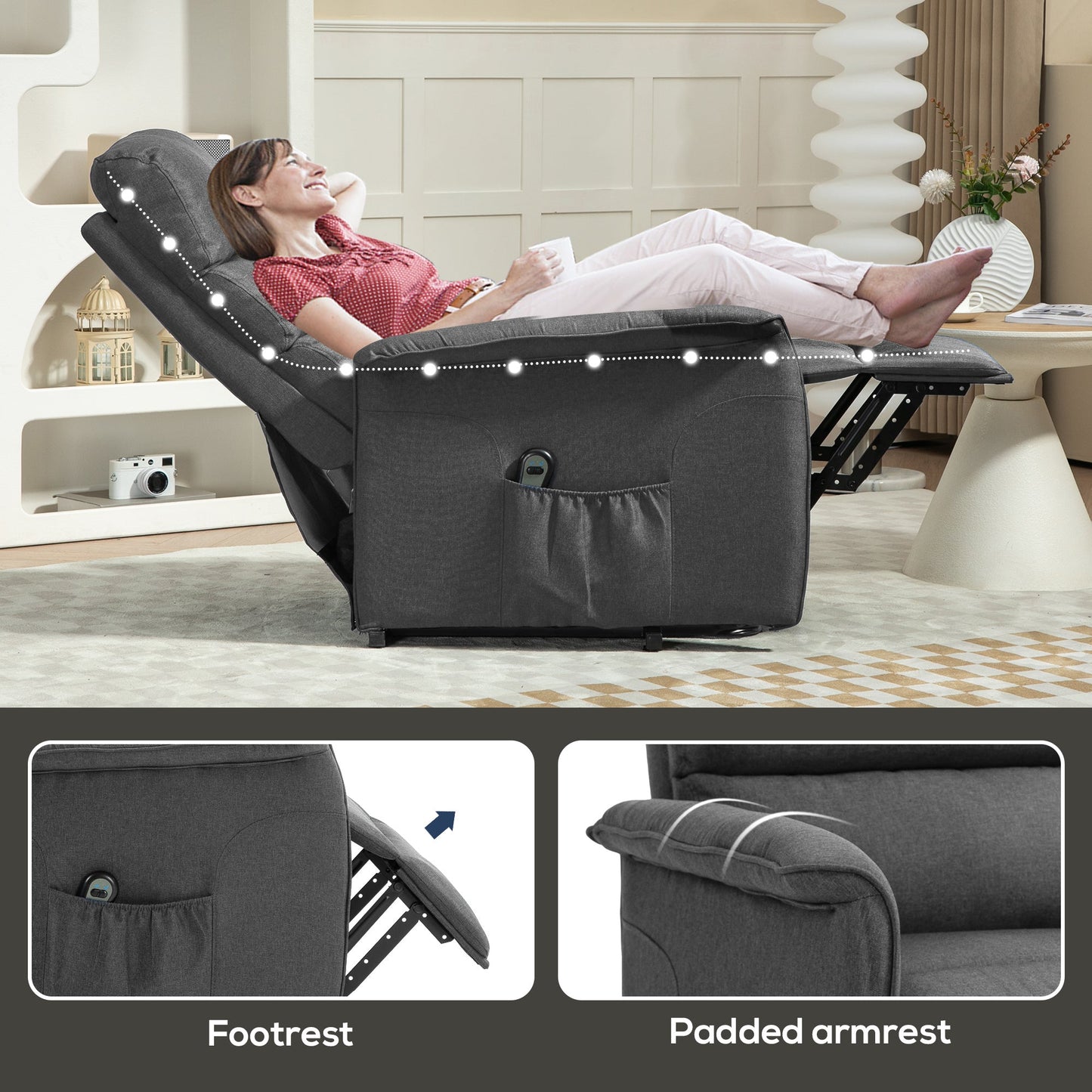 HOMCOM Power Lift Recliner Armchair, Electric Lift Chair for Elderly, Fabric Riser and Reclining Chair with Remote Control, Side Pockets, Extended Footrest, for Living Room, Dark Grey