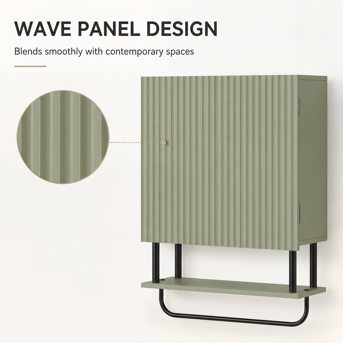 Bathroom Wall Cabinet with 2 Wavy Doors, Modern Bathroom Cabinet Wall Mounted Over Toilet with Hidden Storage and Open shelf, Towel Bar, Space Saving, Green