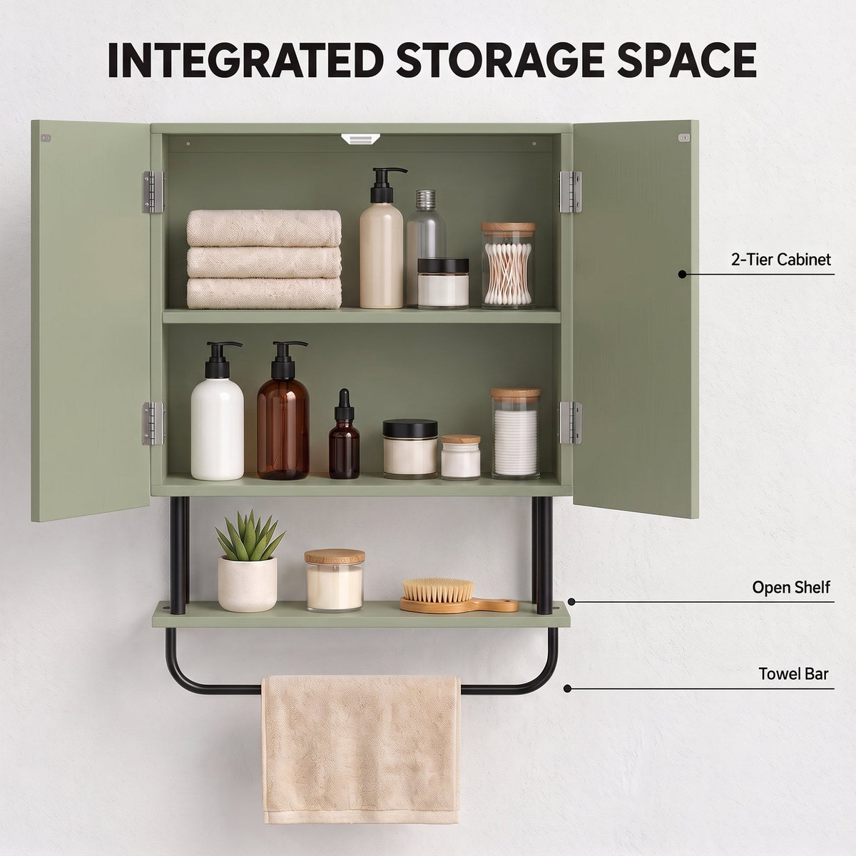 Bathroom Wall Cabinet with 2 Wavy Doors, Modern Bathroom Cabinet Wall Mounted Over Toilet with Hidden Storage and Open shelf, Towel Bar, Space Saving, Green