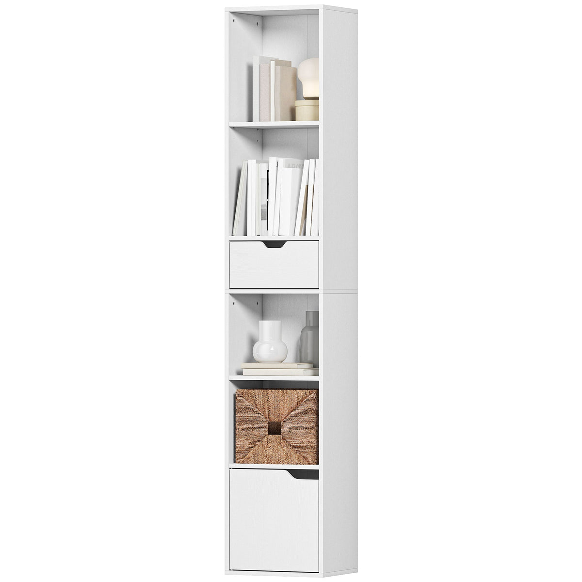 6-Tier Bookcase, Tall Narrow Bookshelf with Drawer, Door, Adjustable Shelf, Modern Display Standing Shelving Unit for Living Room, Home Office, Bedroom, 30 x 24 x 158 cm, White