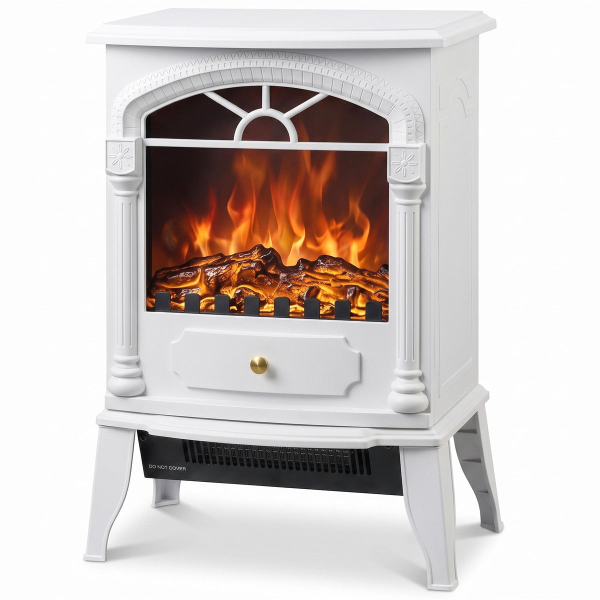 Electric Fireplace Stove Heater with 3D Flame Effect, 2000W/1000W, Freestanding Portable Fireplace with Adjustable Thermostat, 2 Heat Settings for Living Room, White