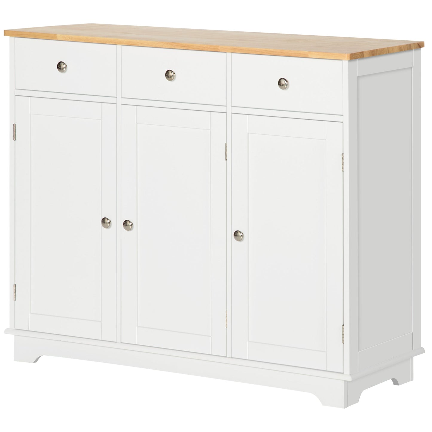 HOMCOM Modern Sideboard with Rubberwood Top, Buffet Cabinet with Storage Cabinets, Drawers and Adjustable Shelves for Living Room, Kitchen, White