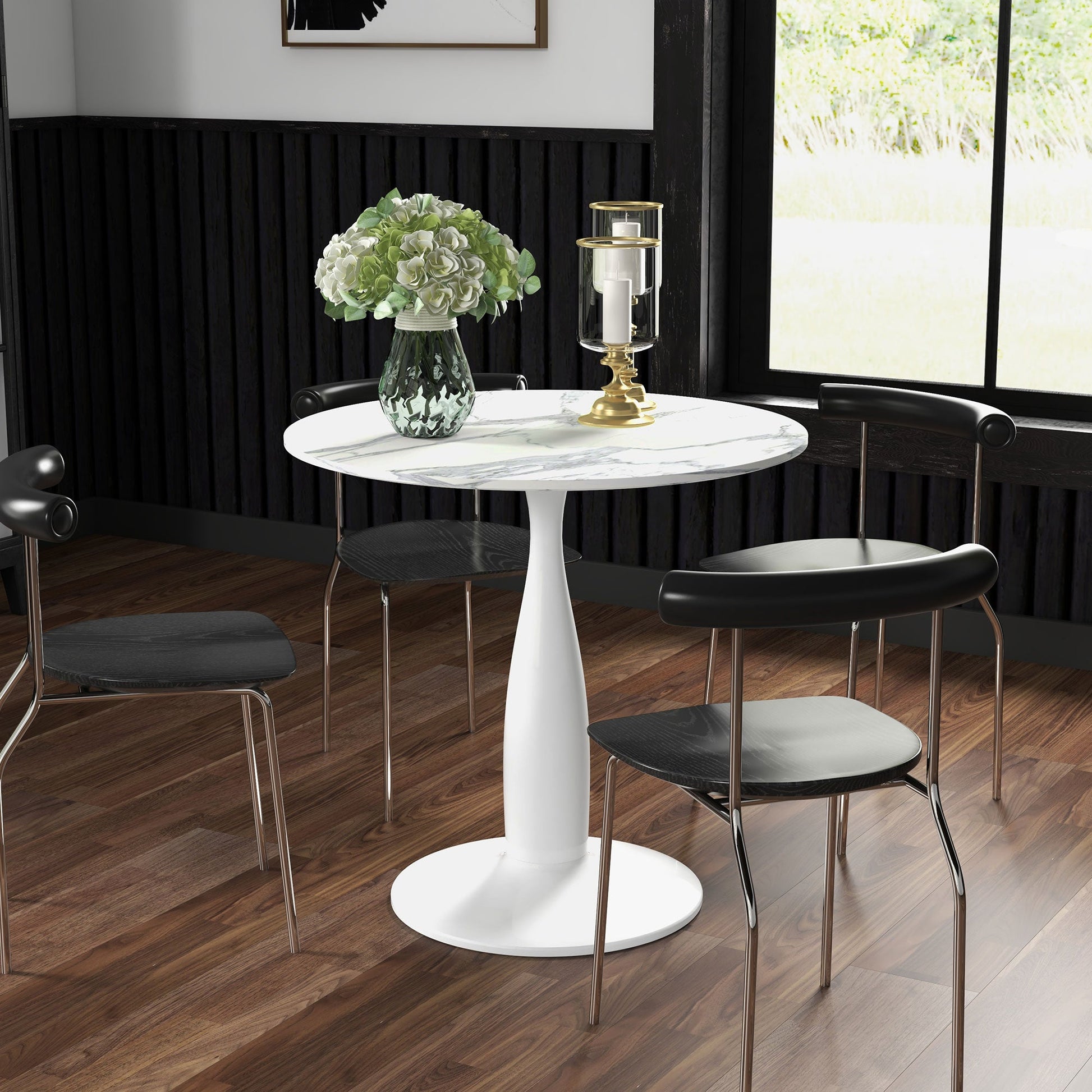 HOMCOM Round Dining Table for 2, Modern Kitchen Table with Steel Base, Non-slip Foot Pad for Living Room, Dining Room, Faux Marbled White