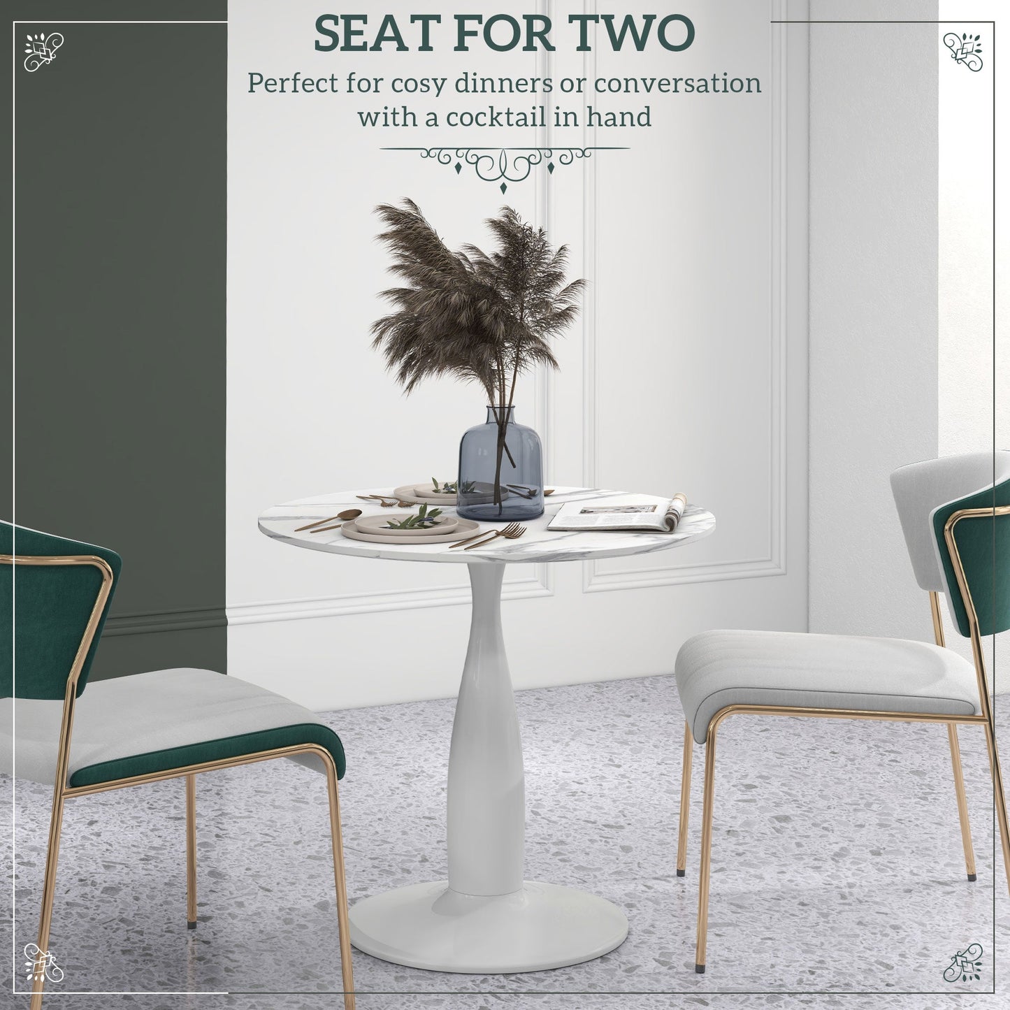 HOMCOM Round Dining Table for 2, Modern Kitchen Table with Steel Base, Non-slip Foot Pad for Living Room, Dining Room, Faux Marbled White