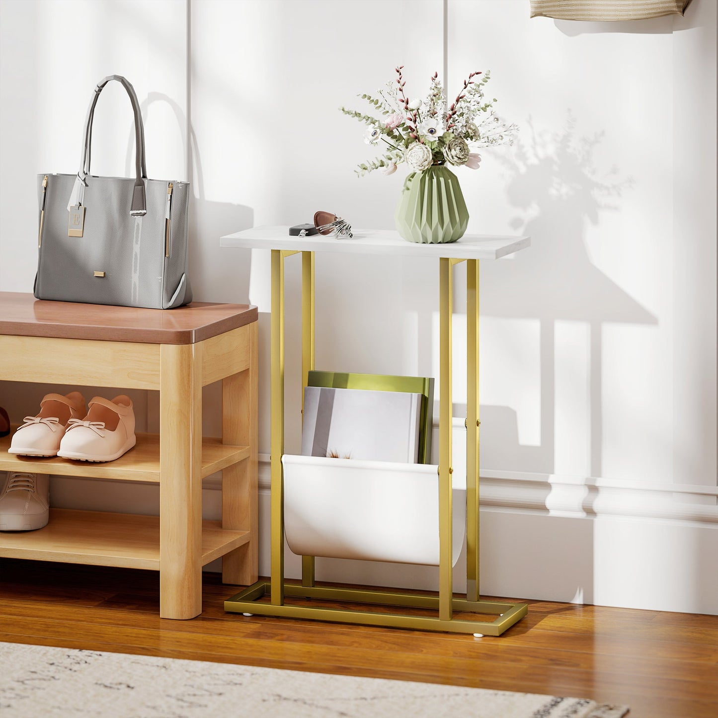 Narrow Side Table, Slim End Table with Magazine Holder, Modern Nightstand for Small Spaces, Living Room, Bedroom, 45 x 18 x 58.5 cm, White Marble Grain