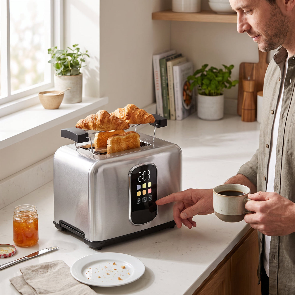 2 Slice Smart Toaster with Touch Screen & LED Countdown, Toaster with Warming Rack, 6 Browning Levels, Memory Function, Reheat/Defrost/Cancel, Removable Crumb Tray, Stainless Steel, 930W