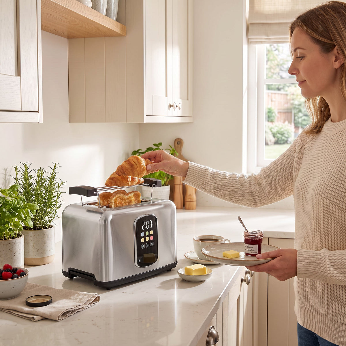 2 Slice Smart Toaster with Touch Screen & LED Countdown, Toaster with Warming Rack, 6 Browning Levels, Memory Function, Reheat/Defrost/Cancel, Removable Crumb Tray, Stainless Steel, 930W