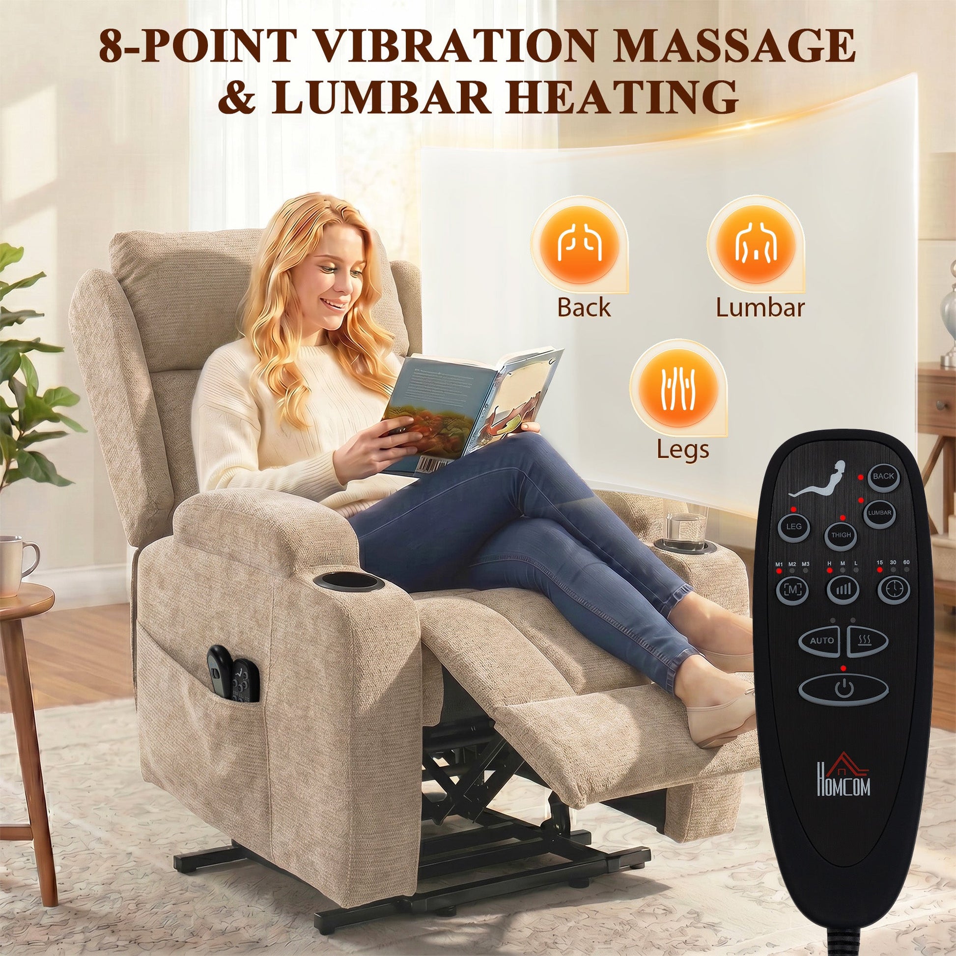Power Lift Recliner Chair with Vibration Massage and Heat, Chenille Riser and Recliner Armchair for Elderly with Folding Headrest, Spring Cushion, Wide and High Back, Cup Holders, Remote, Brown
