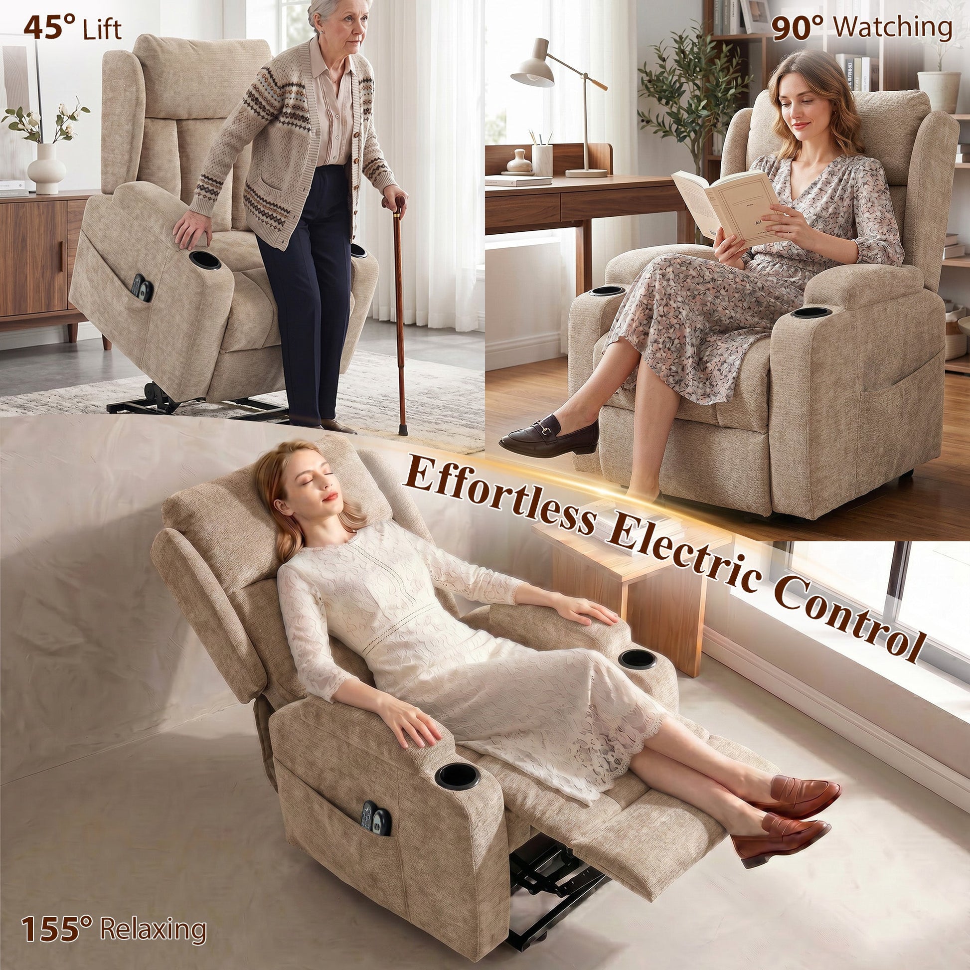 Power Lift Recliner Chair with Vibration Massage and Heat, Chenille Riser and Recliner Armchair for Elderly with Folding Headrest, Spring Cushion, Wide and High Back, Cup Holders, Remote, Brown