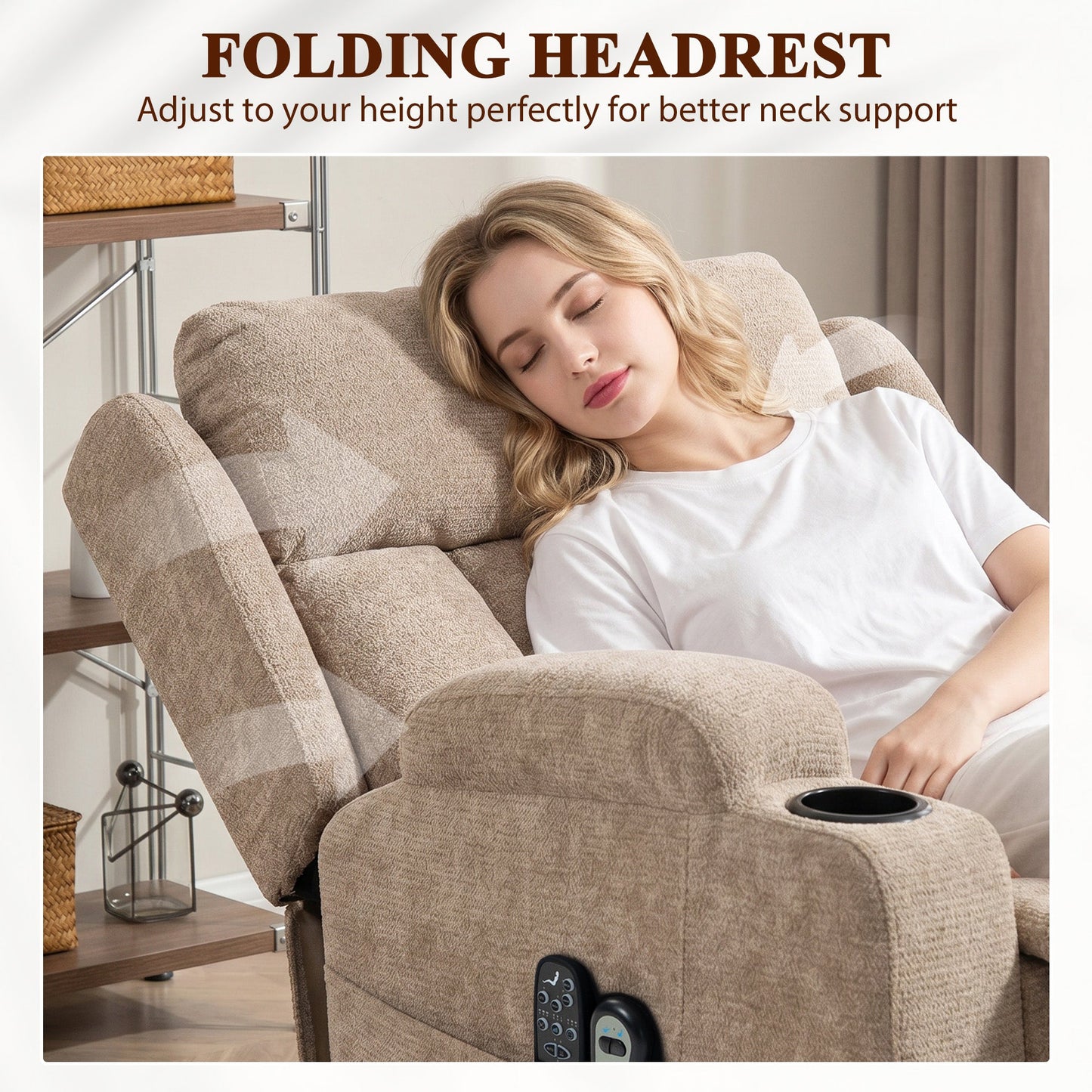 Power Lift Recliner Chair with Vibration Massage and Heat, Chenille Riser and Recliner Armchair for Elderly with Folding Headrest, Spring Cushion, Wide and High Back, Cup Holders, Remote, Brown