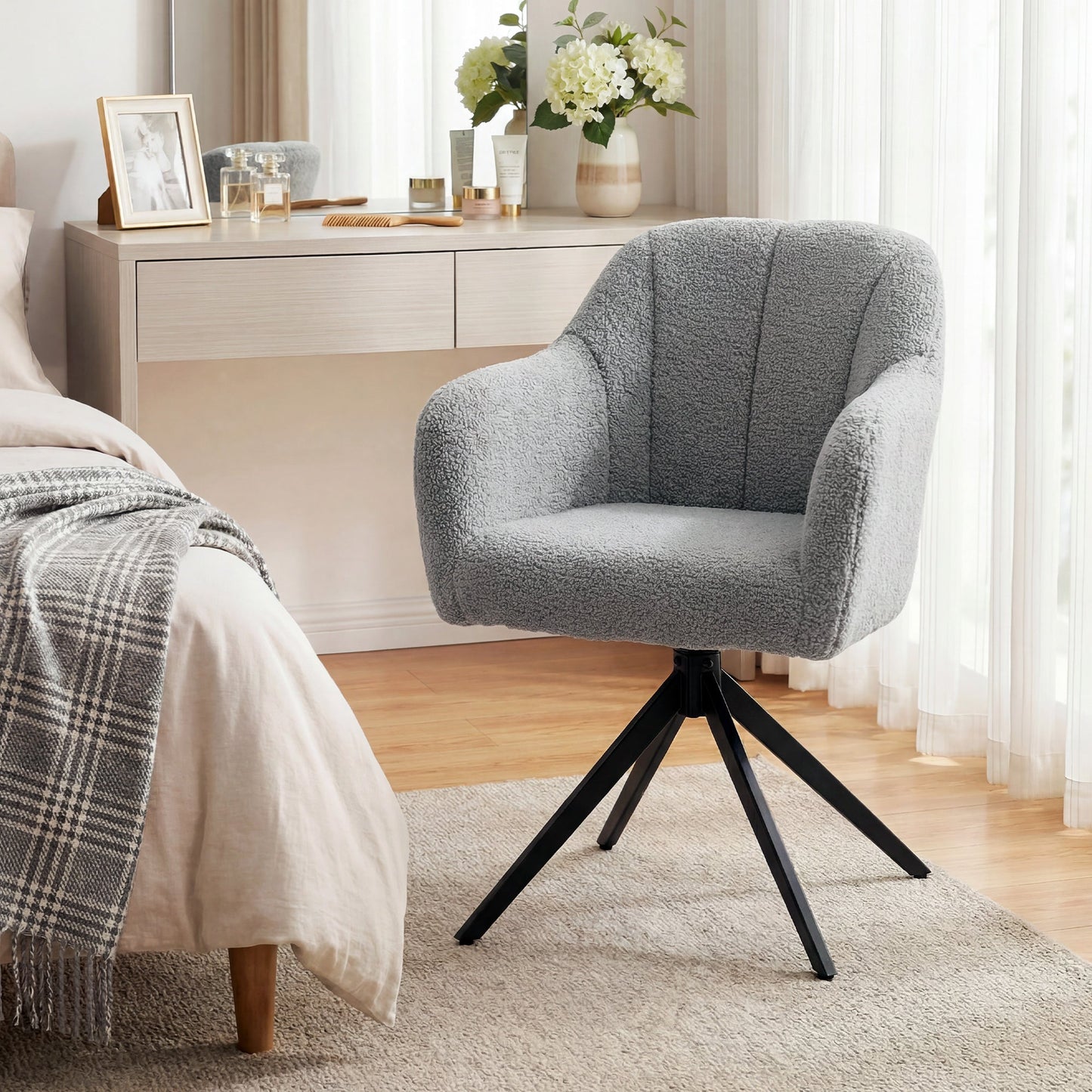 360 Degree Swivel Accent Chair, Snow Flannel Armchair, Upholstered Tufted Vanity Chair with Steel Legs for Living Room, Bedroom, Home Office, Grey