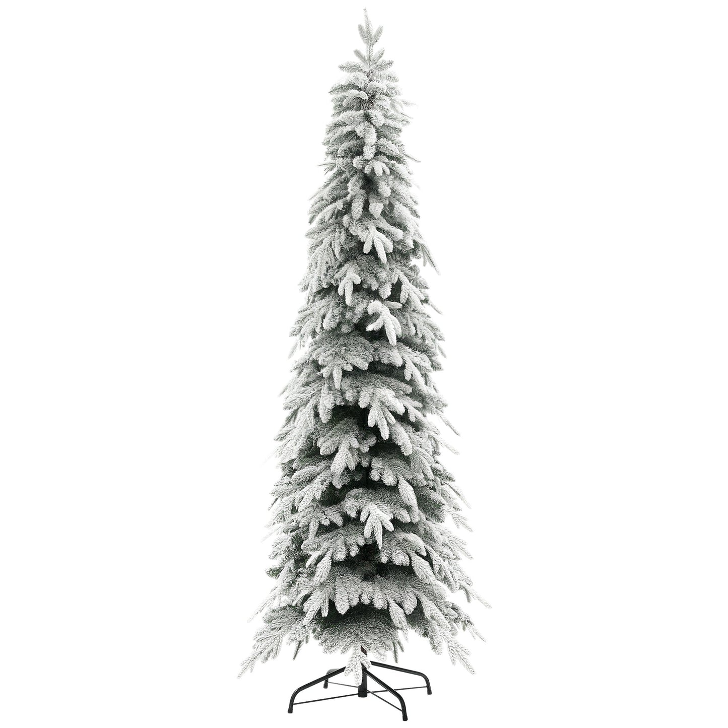 7ft Pencil Artificial Christmas Tree, Snow Flocked Xmas Tree with Downswept Branches and 800 Tips, Auto Open, Steel Base, Holiday Decoration for Home Office, Green