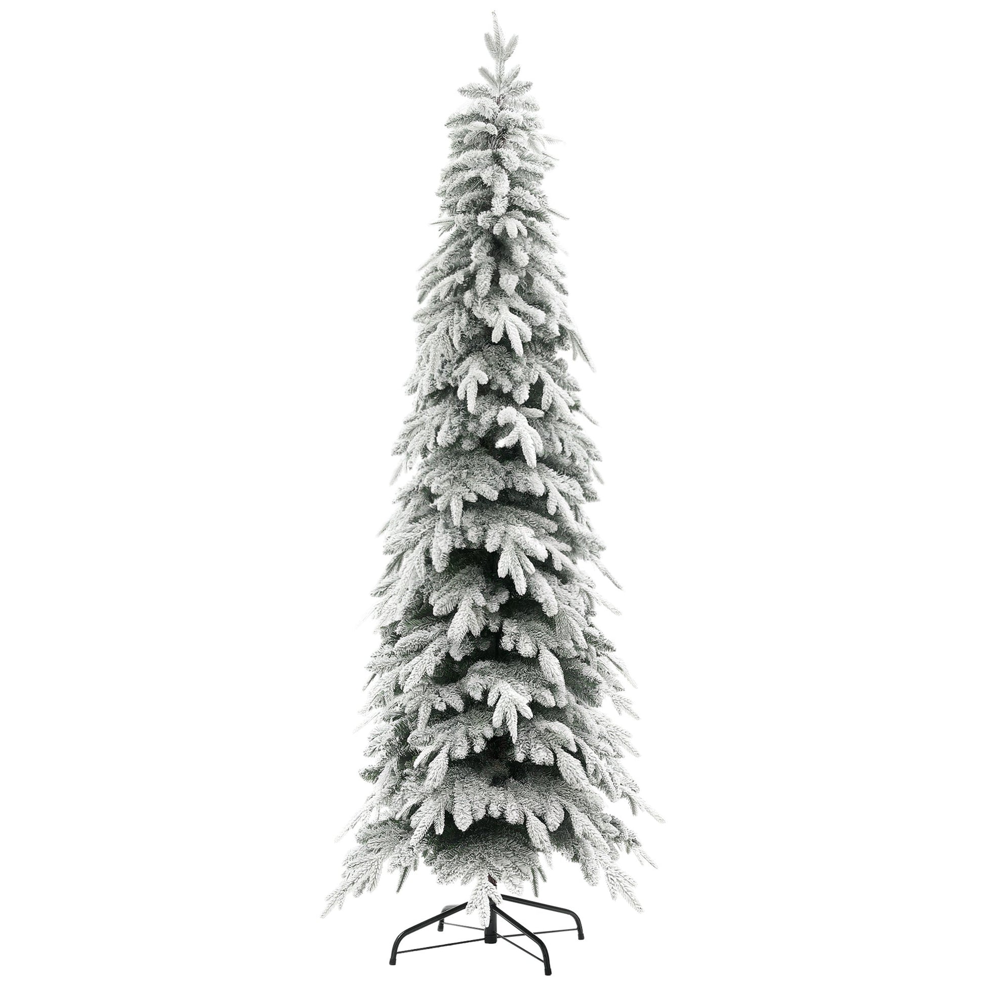 7ft Pencil Artificial Christmas Tree, Snow Flocked Xmas Tree with Downswept Branches and 800 Tips, Auto Open, Steel Base, Holiday Decoration for Home Office, Green
