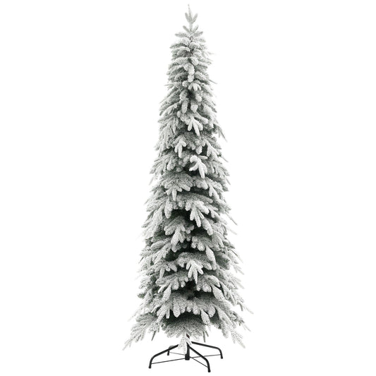 7ft Pencil Artificial Christmas Tree, Snow Flocked Xmas Tree with Downswept Branches and 800 Tips, Auto Open, Steel Base, Holiday Decoration for Home Office, Green