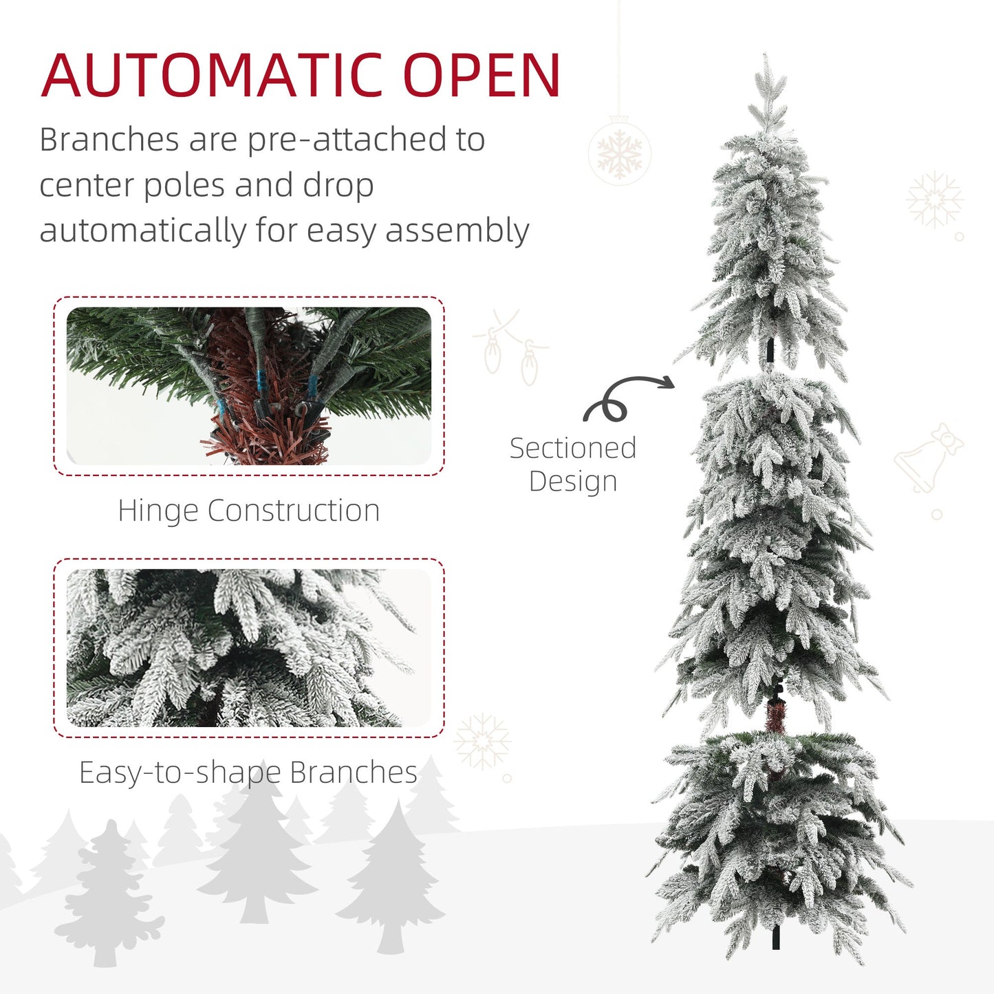 7ft Pencil Artificial Christmas Tree, Snow Flocked Xmas Tree with Downswept Branches and 800 Tips, Auto Open, Steel Base, Holiday Decoration for Home Office, Green