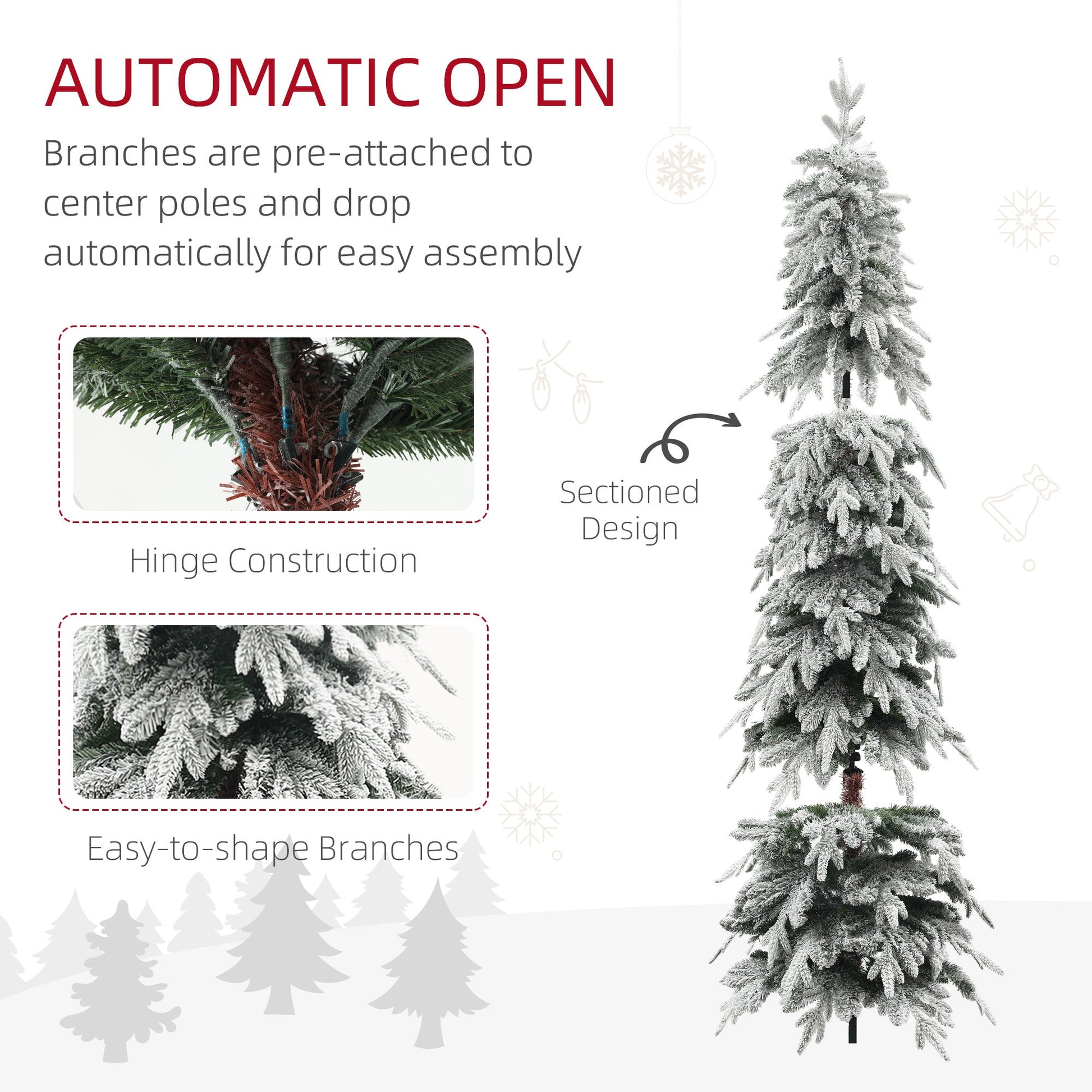 7ft Pencil Artificial Christmas Tree, Snow Flocked Xmas Tree with Downswept Branches and 800 Tips, Auto Open, Steel Base, Holiday Decoration for Home Office, Green
