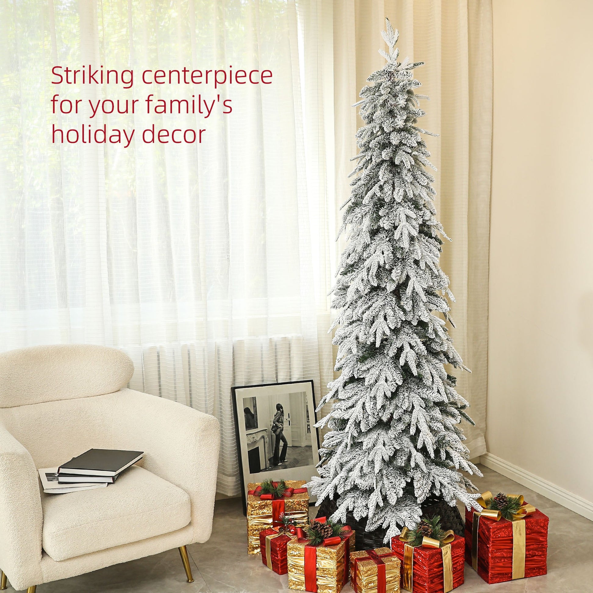 7ft Pencil Artificial Christmas Tree, Snow Flocked Xmas Tree with Downswept Branches and 800 Tips, Auto Open, Steel Base, Holiday Decoration for Home Office, Green
