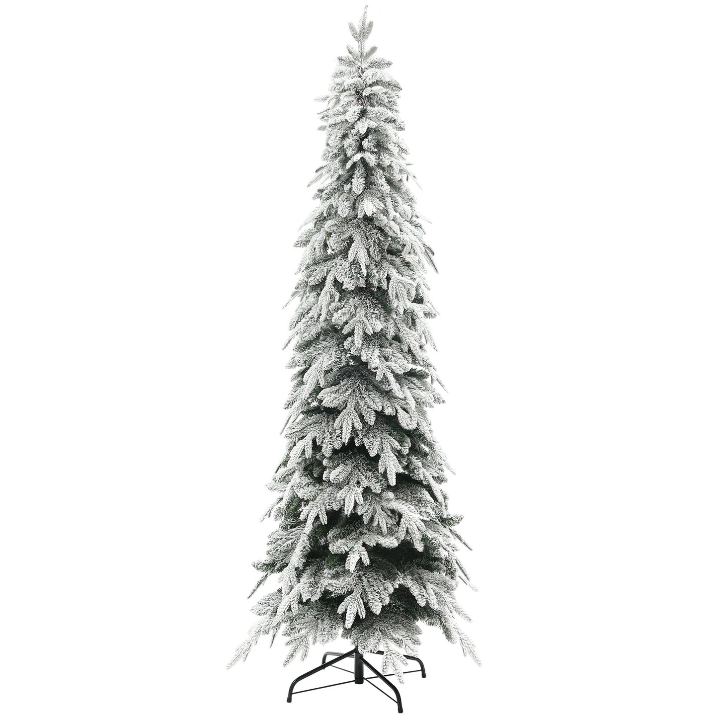 7ft Pencil Artificial Christmas Tree, Snow Flocked Xmas Tree with Downswept Branches and 800 Tips, Auto Open, Steel Base, Holiday Decoration for Home Office, Green