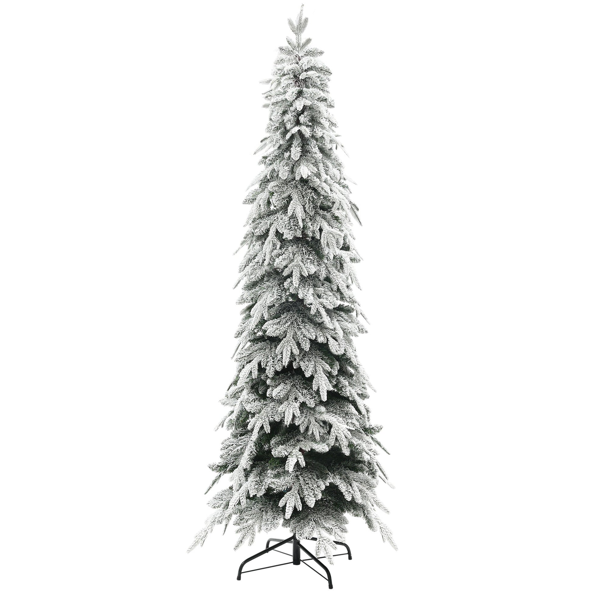 7ft Pencil Artificial Christmas Tree, Snow Flocked Xmas Tree with Downswept Branches and 800 Tips, Auto Open, Steel Base, Holiday Decoration for Home Office, Green