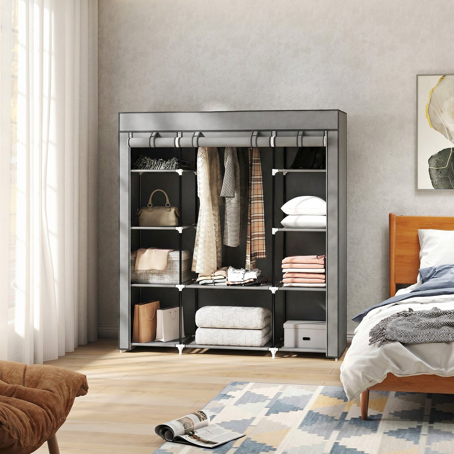 Portable Wardrobe, Foldable Fabric Wardrobe, 150 x 43 x 162.5cm, Clothes Storage Organiser with Hanging Rail, Shelves, Fabric Cover for Bedroom, Light Grey