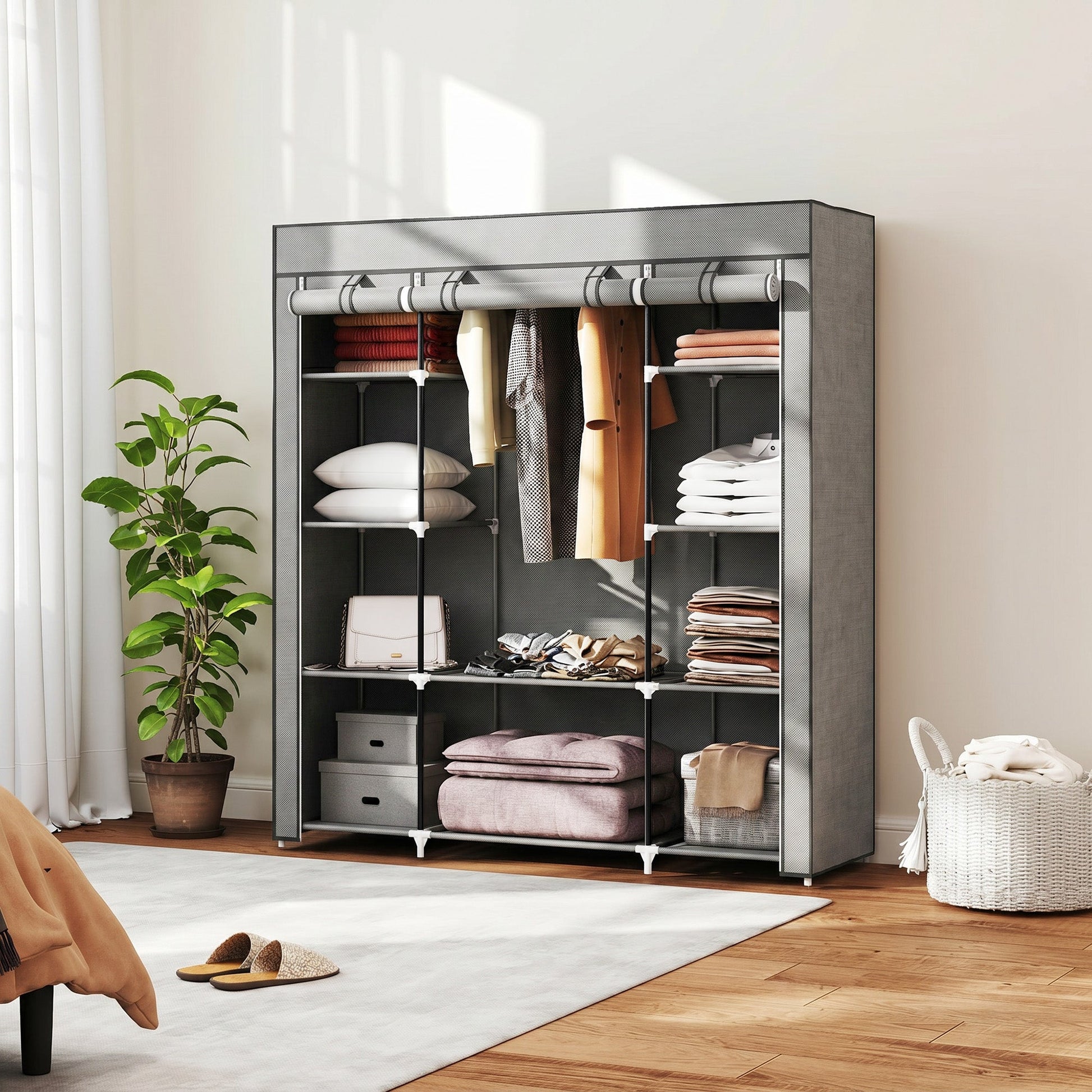 Portable Wardrobe, Foldable Fabric Wardrobe, 150 x 43 x 162.5cm, Clothes Storage Organiser with Hanging Rail, Shelves, Fabric Cover for Bedroom, Light Grey