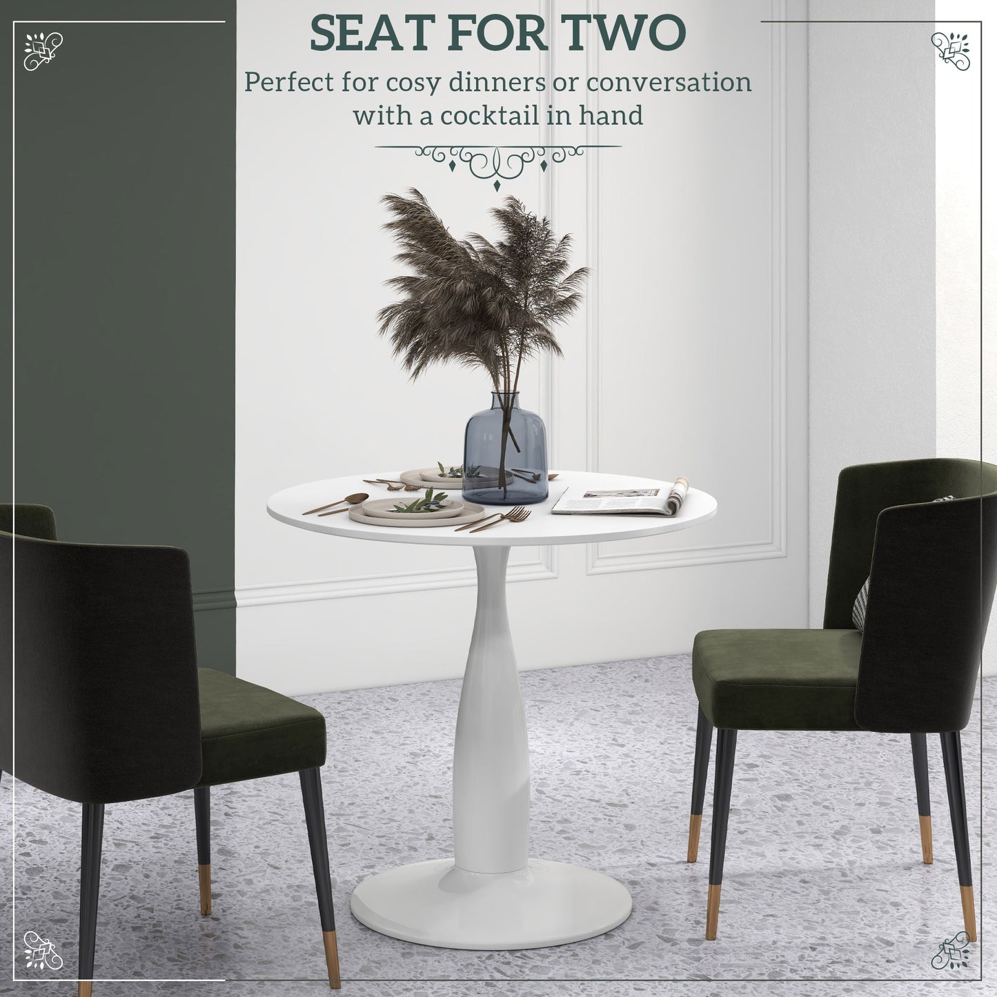 HOMCOM Round Dining Table for 2, Modern Kitchen Table with Steel Base, Non-slip Foot Pad for Living Room, Dining Room, White
