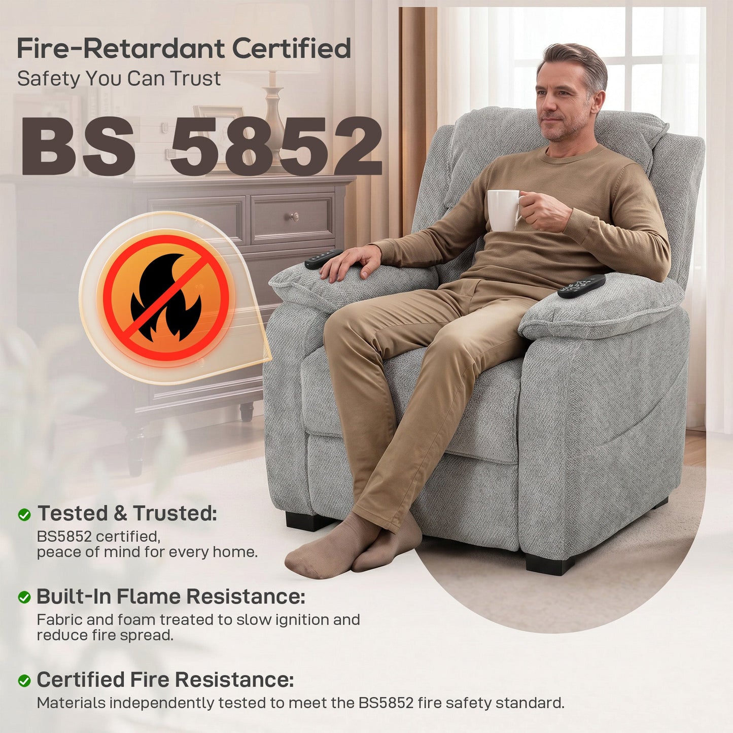 Power Recliner Armchair with Massage and Heat, Velvet-Feel Fabric Quiet Electric Reclining Chair with Wide Spring Seat, Memory Function, High Back, Headrest, USB Port, Side Pockets, Light Grey