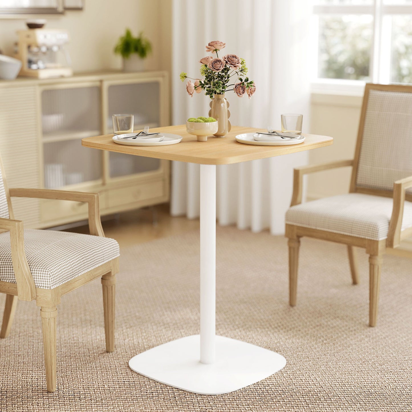 Small Dining Table, 60 cm Square Kitchen Table with Wood Veneer Top, Square Steel Pedestal Base and Anti-slip Foot Pads for Living Room, Dining Room, Natural Wood Finish