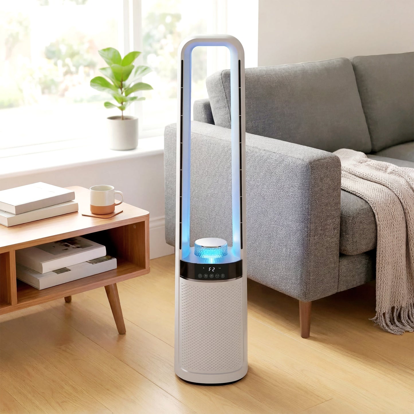 Bladeless Tower Fan for Bedroom, 36dB Standing Cooling Fan with 45° Oscillating, LED Lights, 3 Speeds, 12H Timer, Remote Control, 37 inch, White