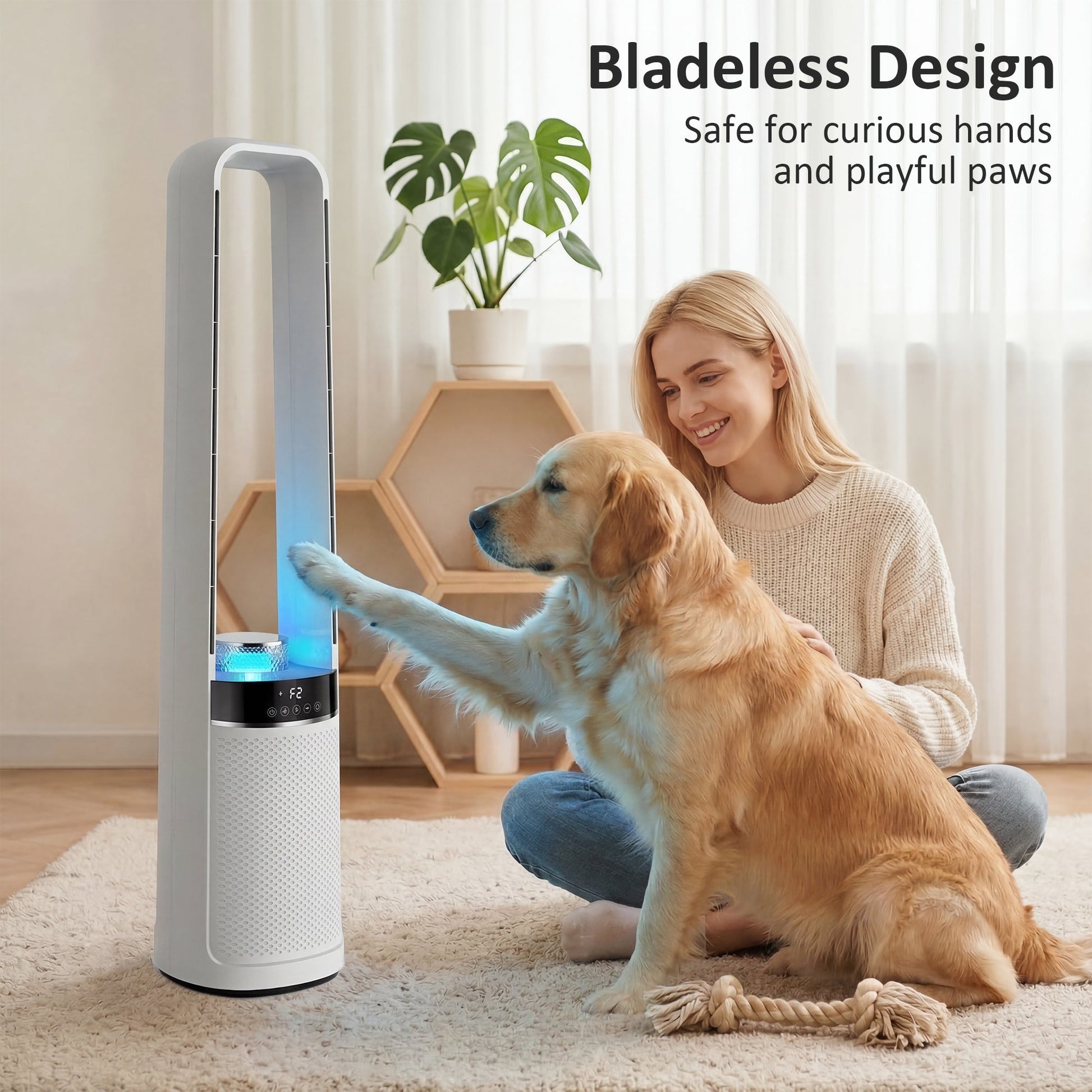 Bladeless Tower Fan for Bedroom, 36dB Standing Cooling Fan with 45° Oscillating, LED Lights, 3 Speeds, 12H Timer, Remote Control, 37 inch, White